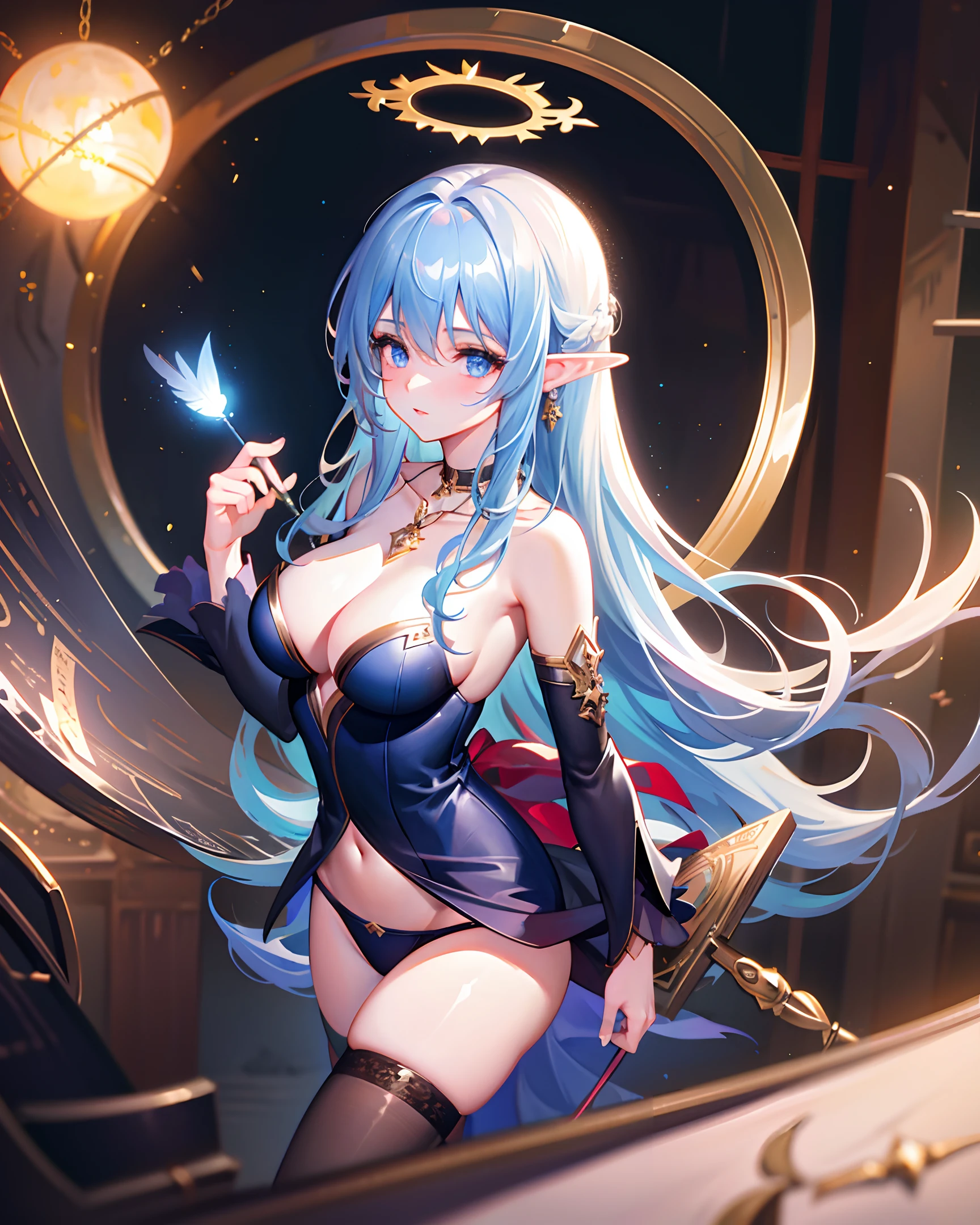 (masterpiece, best quality, extremely detailed CG, beautiful detailed eyes, ultra-detailed, intricate details:1.2), 8k wallpaper, elaborate features,
(1girl, solo:1.4), long hair, streaked hair, elf,halo, looking at viewer, blue eyes, earring, panties, ankle bracelets, large breasts, arcane, necklace,wand,
blue flame, feathers, bird,magic surrounds,magic rod, magic ball, book,pages flying all over the sky,magic circle,incantation, night, dark