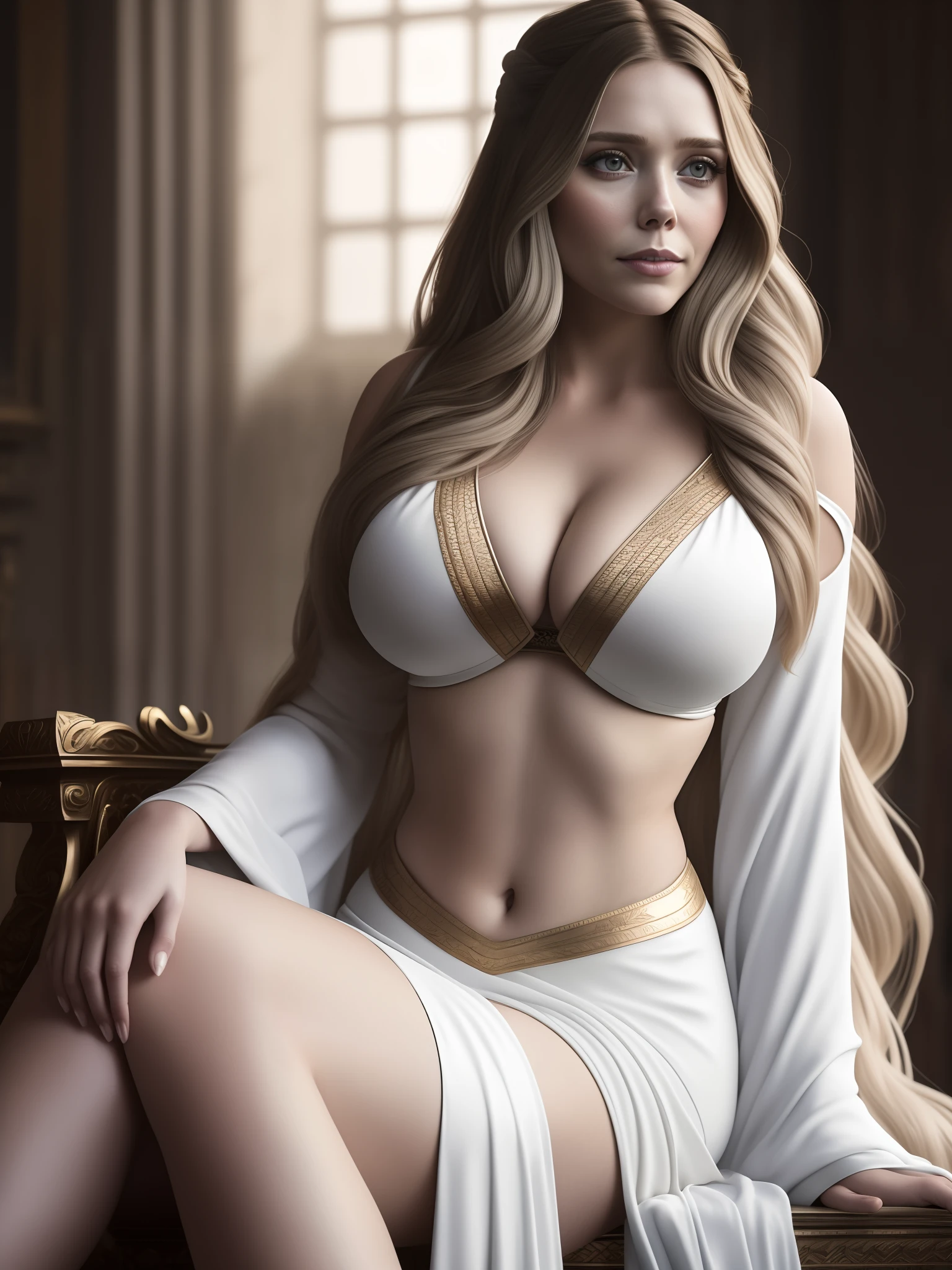 photo of elizabeth olsen, highres, masterpiece, 1girl, solo, best quality, realistic, long blonde hair updo upsweep, 
palace, throne room, sitting on throne,
Goddess cosplay, (goddess costume),white costume, silk
(big body), sexy figure,((big large boobs)) (cleavage), sexy abs, navel, legs spread, big ass, (Sexy Woman), (long hair), (30 years old), smirk, aroused, 
4K, HDR. by (James C. Christensen:1.2|Jeremy Lipking:1.1).