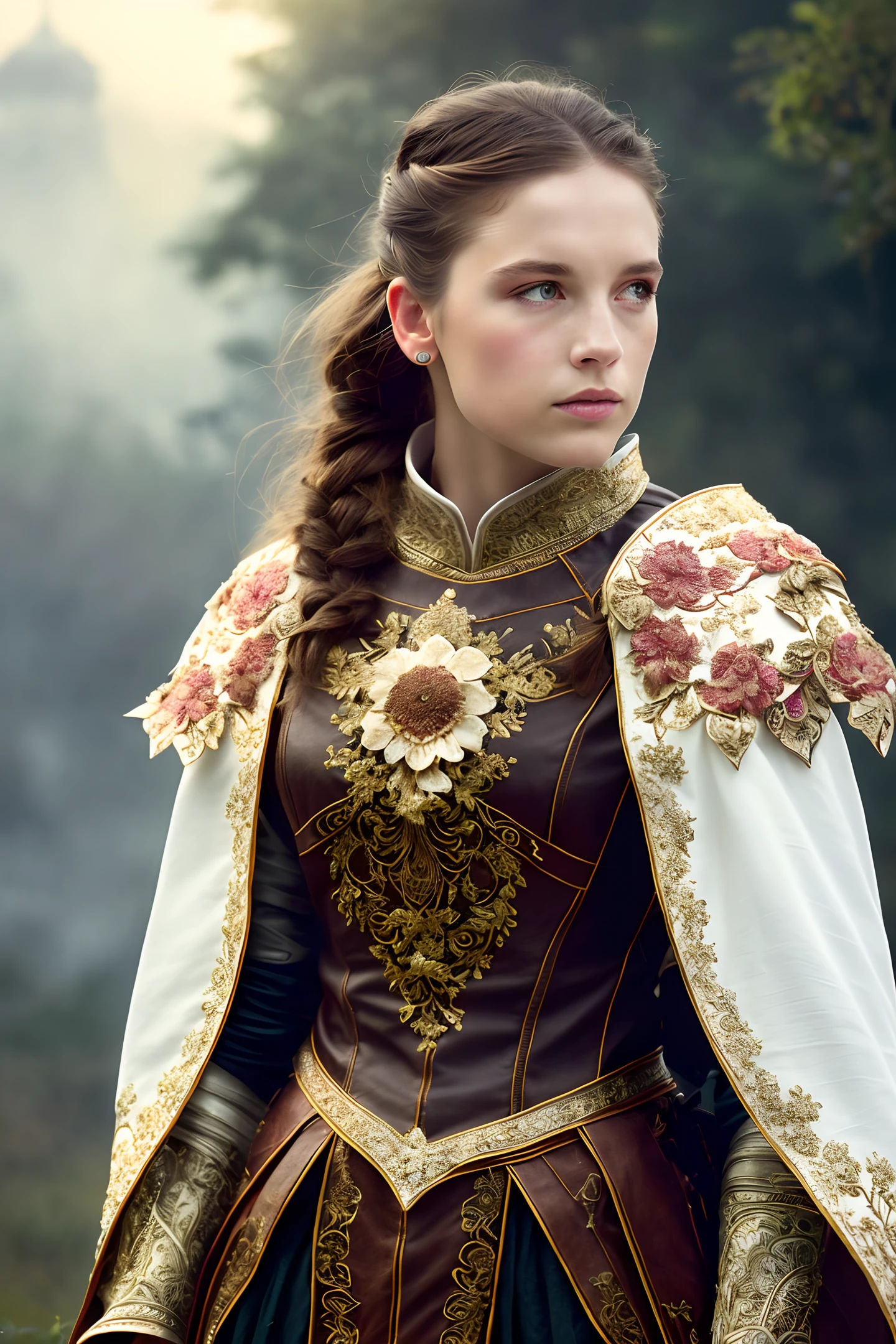 Extremely detailed RAW photo, full body, walking pose, slow motion, (crook thief: 1.2), 19 year old European Scandinavian woman wearing full body stitched layer (leather armor: 1.2), (white silk cloak with embroidery ), (intricately patterned fabric: 1.2) ), (insanely detailed, bloom: 1.3), (high quality, Alessandro Casagrande, Greg Rutkowski, Sally Mann, 8k), (analogue: 1.2), (high sharpness ), (pupil detail: 1.2), face and eye detail, masterpiece, best quality textures, (highly detailed floral patterns: 1.1), photorealistic, (long brown hair, ponytail, ecstasy: 1.1), ( young woman: 1.2), Jeremy Mann, Sandra Chevrier, Maciej Kuchara, sharp , (ideal body: 1.2), realistic, real shadow, (Gothic temple background: 1.1), sunset, divine rays