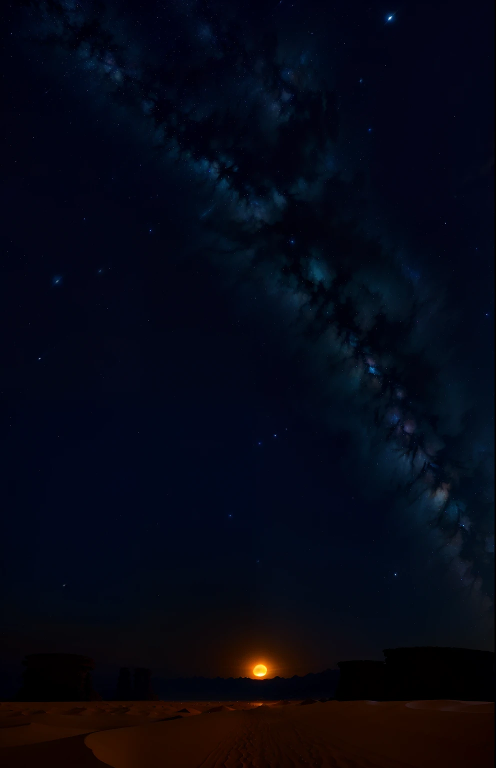 The night sky over the desert is absolutely stunning with a mix of nebulae in the sky. The dunes stretch as far as the eye can see. The huge silver full moon hangs high in the sky, full of movement and breathtaking. Immerse yourself in the peaceful atmosphere and let the tranquility surround you.
