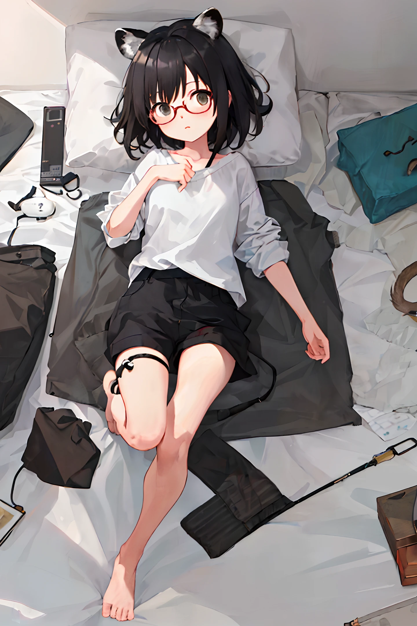 ((masterpiece,best quality)), 1girl, short black hair, round glasses, bedroom, bed, lying on the bed, pantyshot, (baggy oversized shirt), round glasses, raccoon ears