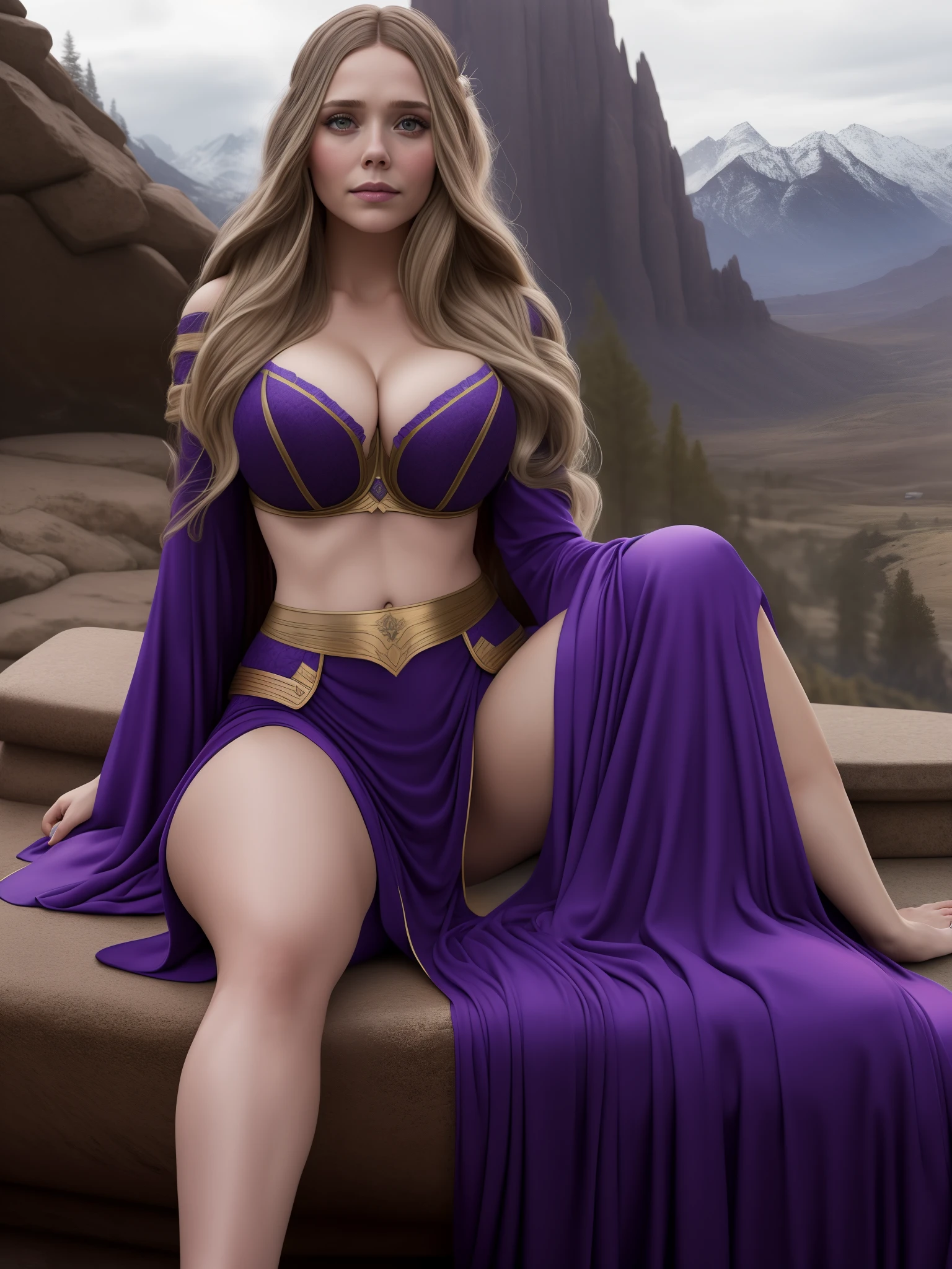 photo of elizabeth olsen, highres, masterpiece, 1girl, solo, best quality, realistic, long blonde hair updo upsweep,
palace, throne room, sitting on throne,
Goddess cosplay, (purple costume), bra and thong, laced
(big body), sexy figure,((big large boobs)) (cleavage), sexy abs, navel, legs spread, big ass, (Sexy Woman), (long hair), (30 years old), smirk, aroused,
4K, HDR. by (James C. Christensen:1.2|Jeremy Lipking:1.1).