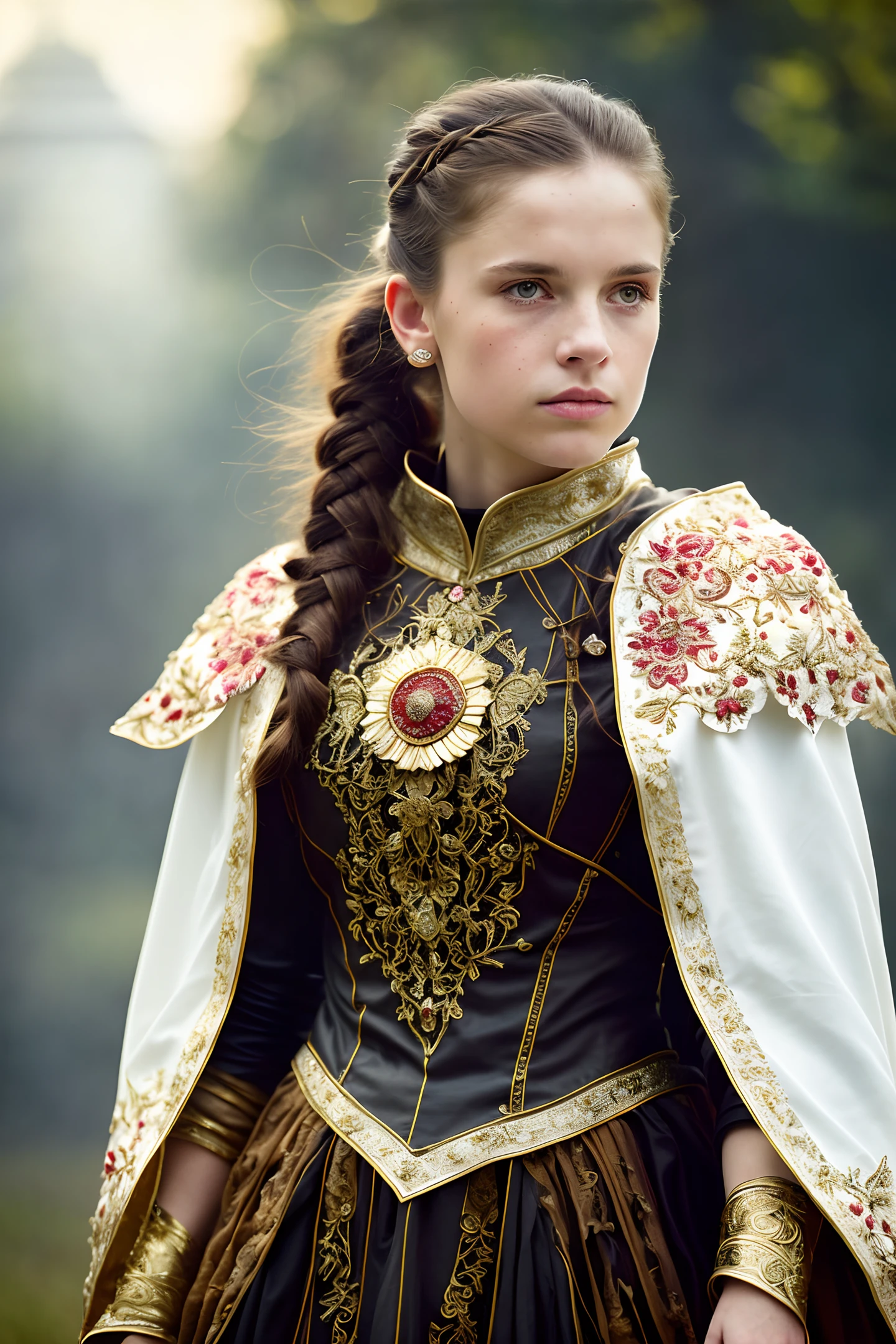 Extremely detailed RAW photo, full body, walking pose, slow motion, (crook thief: 1.2), 19yo European nordic woman wearing full body stitched layer (leather armor: 1.2), (white silk cloak with embroidery), (intricately patterned fabric: 1.2) ), (insanely detailed, bloom: 1.3), (high quality, Alessandro Casagrande, Greg Rutkowski, Sally Mann, 8k), (analogue: 1.2), (high sharpness), (pupil detail: 1.2), face and eye detail, masterpiece, best quality textures, (highly detailed floral patterns: 1.2), photorealistic, (long brown hair, ponytail, ecstasy: 1.1), ( young woman: 1.2), Jeremy Mann, Sandra Chevrier, Maciej Kuchara, sharp focus, (perfect body: 1.2), realistic, real shadow, (Gothic temple background: 1.1), sunset, god rays