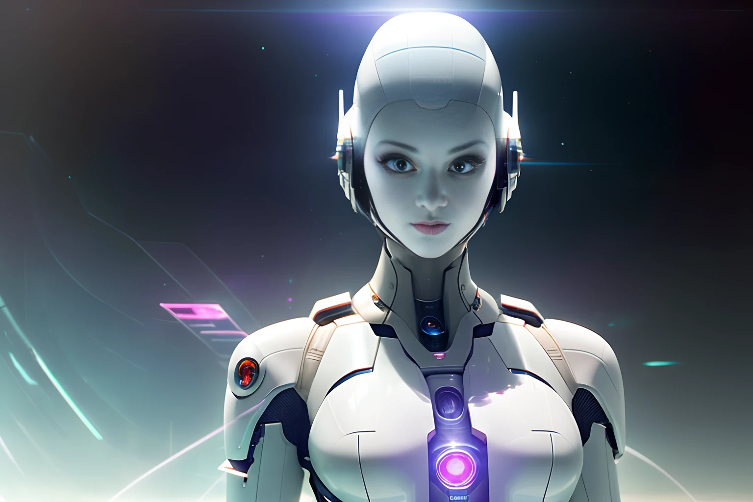(one, one, solo focus, US frame: 1.3) Monica Bellucci gorgeous space cadet, robot standing and looking at the camera in front of a star field with blue light shining on her chest, symmetrical perfect body, clear white skin, skin details, Ivory hair, depth of field, extremely intricate details, tight ruber bodysuit, metal cape, jetpack boots, light pink eyes looking at the camera, realistic proportions, combat pose, light beams from hands, Artgerm, stanley artgerm lau, cyberpunk -art, fantasy art, (crystal face shield: 1.1) , spaceships in the background