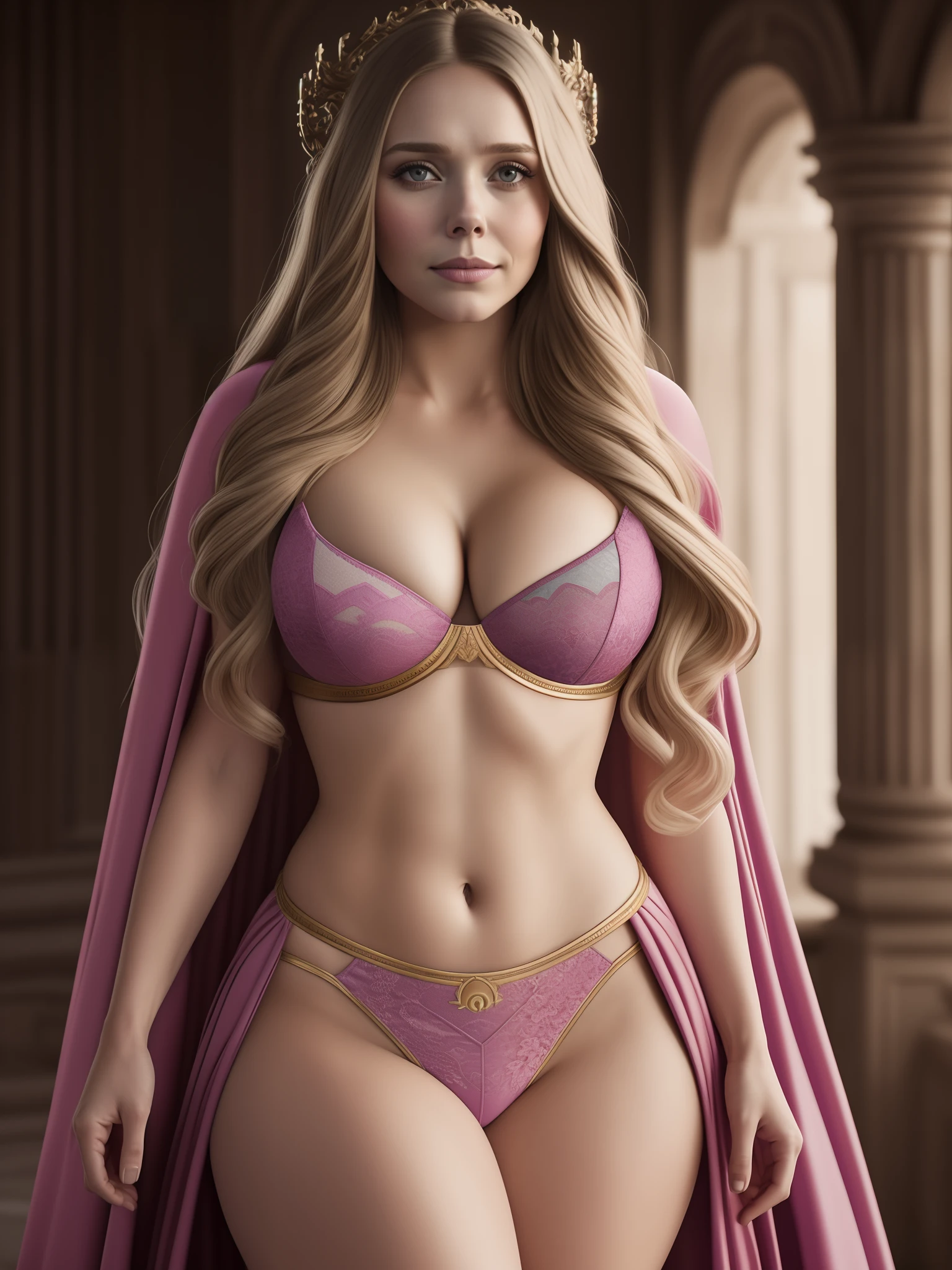 photo of elizabeth olsen, highres, masterpiece, 1girl, solo, best quality, realistic, long blonde hair updo upsweep,
palace, throne room, sitting on throne,
Goddess cosplay, (pink costume), bra and thong, laced
(big body), sexy figure,((big large boobs)) (cleavage), sexy abs, navel, legs spread, big ass, (Sexy Woman), (long hair), (30 years old), smirk, aroused,
4K, HDR. by (James C. Christensen:1.2|Jeremy Lipking:1.1).