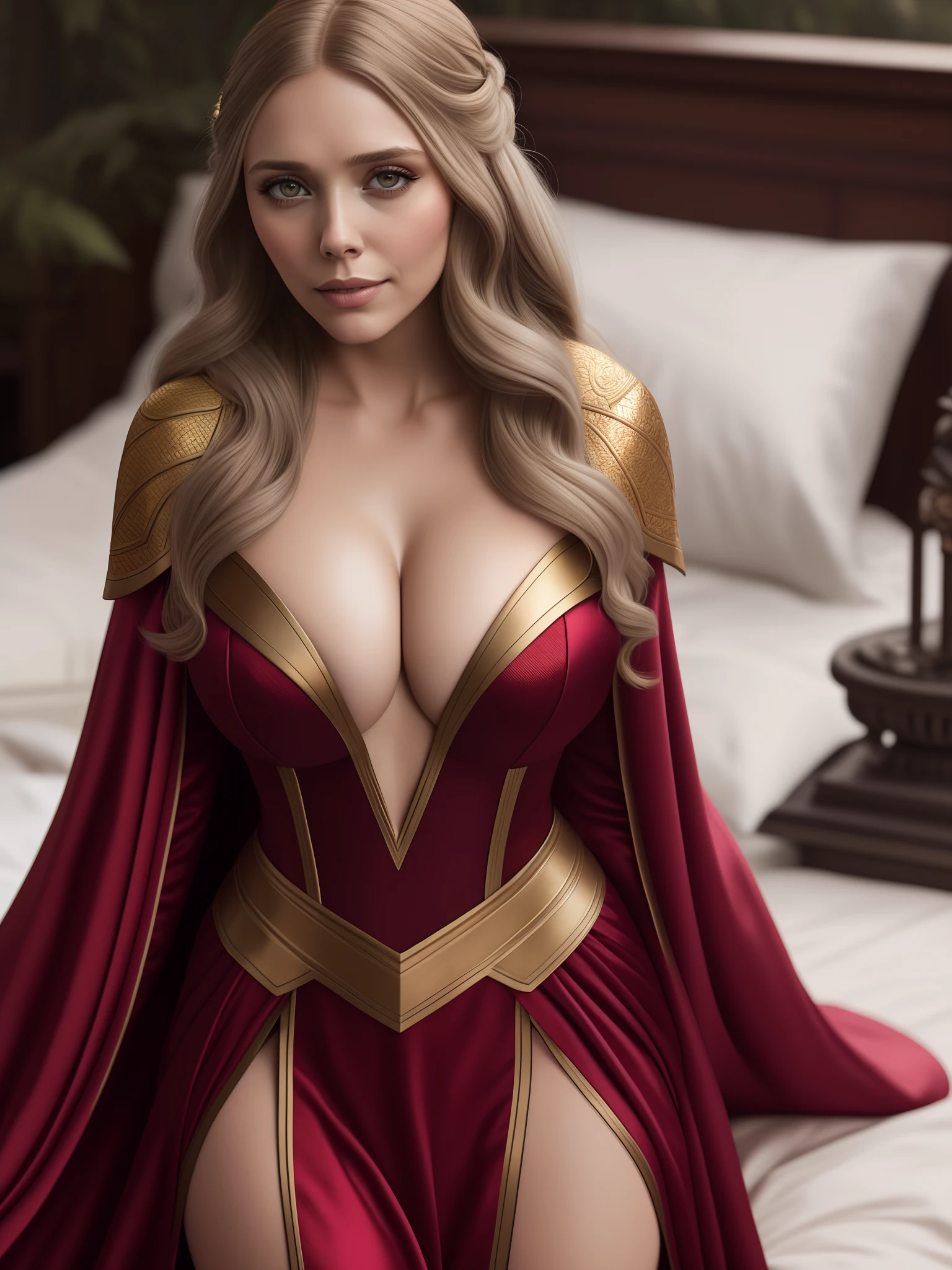 photo of elizabeth olsen, highres, masterpiece, 1girl, solo, best quality, realistic, long blonde hair updo upsweep,
palace, throne room, laying on bed
Goddess cosplay, (goddess silk costume),scarlet witch costume, laced dress, tight abs
(big body), sexy figure,((big large boobs)) (cleavage), sexy abs, navel, legs spread, big ass, (Sexy Woman), (long hair), (30 years old), smirk, aroused,
4K, HDR. by (James C. Christensen:1.2|Jeremy Lipking:1.1).