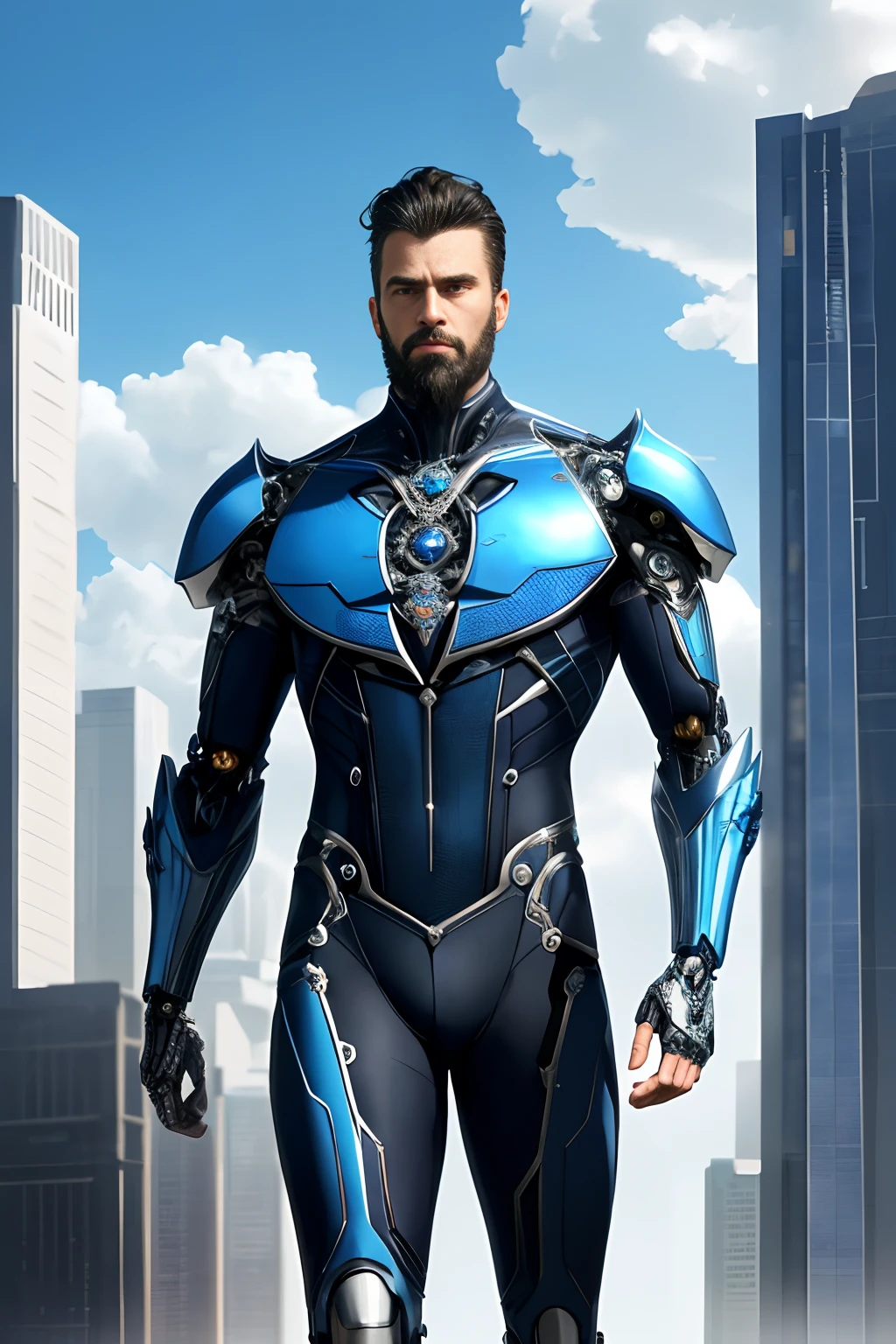 A realistic cinematic 8k resolution shallow focus scene captured with soft natural lighting and shading with a powerful sense of ultra-realism that shows a (full body) 40 years old (cyborg man) proudly standing with a confident expression with very fluid movements in front of a stunning hyper-realistic cyberpunk Neo-futurism city with a stunning cloudscape in the background.

He is (wearing an elegant tailored pale-blue classic suit on top:1.2) of her (insanely detailed, elegant and ornate anatomically sculpted bio-mechanical [silver:graphite:0.51] fractal body delicately embroidered with tiny kyanite and Padparadscha details).

He has a tall slender fit cyborg manly body, a rectangular face, ([dark:kyanite:0.71] short hair and trimmed balbo beard), smart looking almond pale-blue eyes,  thin lips, and a high pointed arrogant nose. 