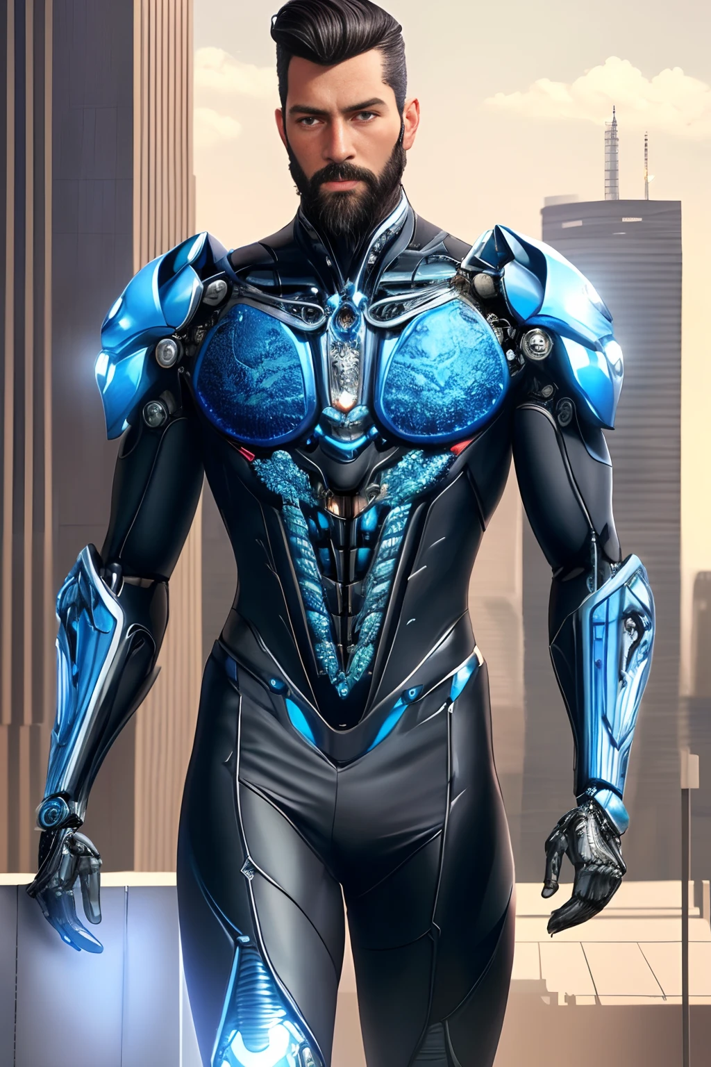 A realistic cinematic 8k resolution shallow focus scene captured with soft natural lighting and shading with a powerful sense of ultra-realism that shows a (full body) 40 years old (cyborg man) proudly standing with a confident expression with very fluid movements in front of a stunning hyper-realistic cyberpunk Neo-futurism city with a stunning cloudscape in the background.

He is (wearing an elegant tailored pale-blue classic suit on top:1.2) of her (insanely detailed, elegant and ornate anatomically sculpted bio-mechanical [silver:graphite:0.51] fractal body delicately embroidered with tiny kyanite and Padparadscha details).

He has a tall slender fit cyborg manly body, a rectangular face, ([dark:kyanite:0.71] short hair and trimmed balbo beard), smart looking almond pale-blue eyes,  thin lips, and a high pointed arrogant nose. 