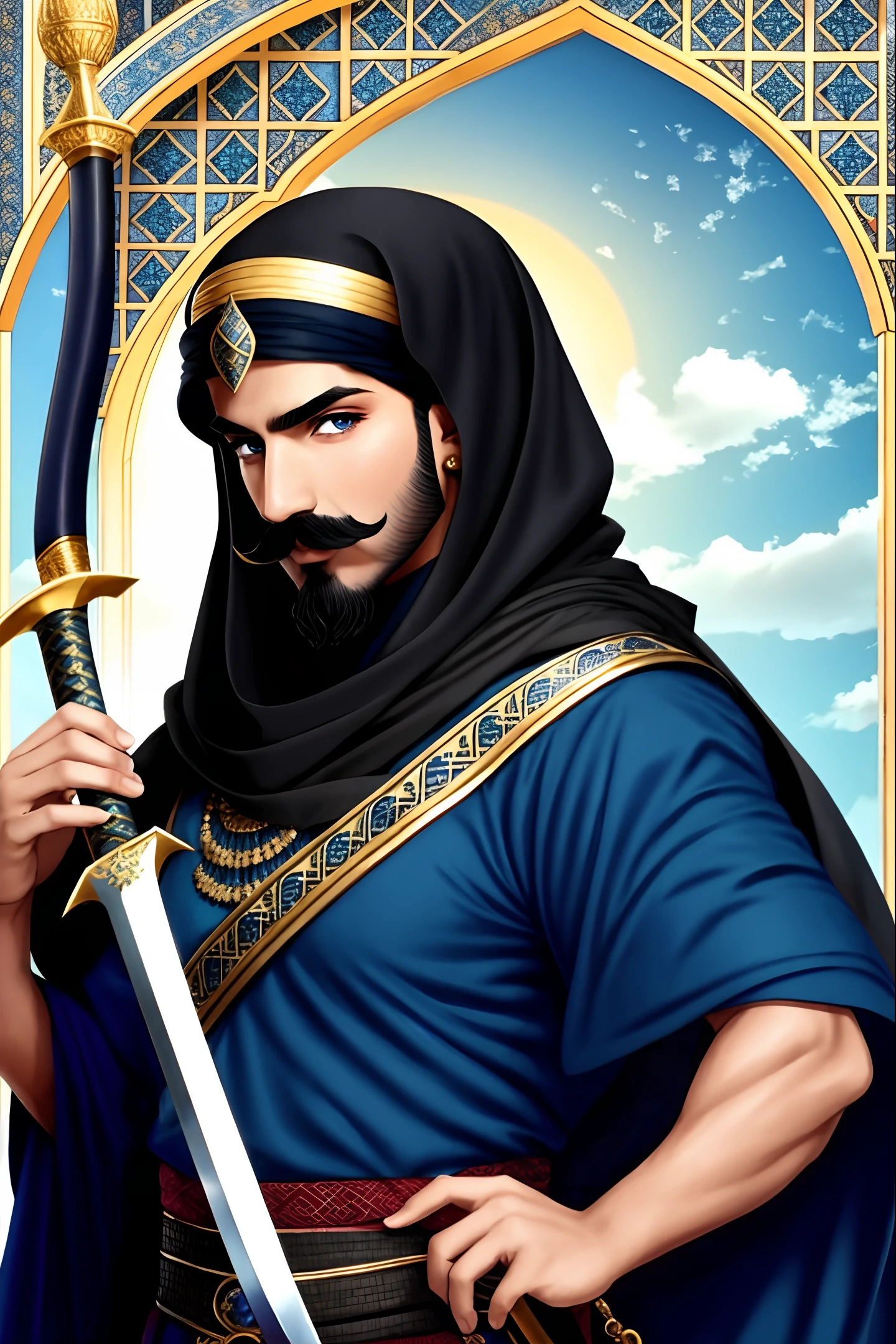 Arabic style, hijab, black hair, curly hair, blue eyes, male, mustache, double swords