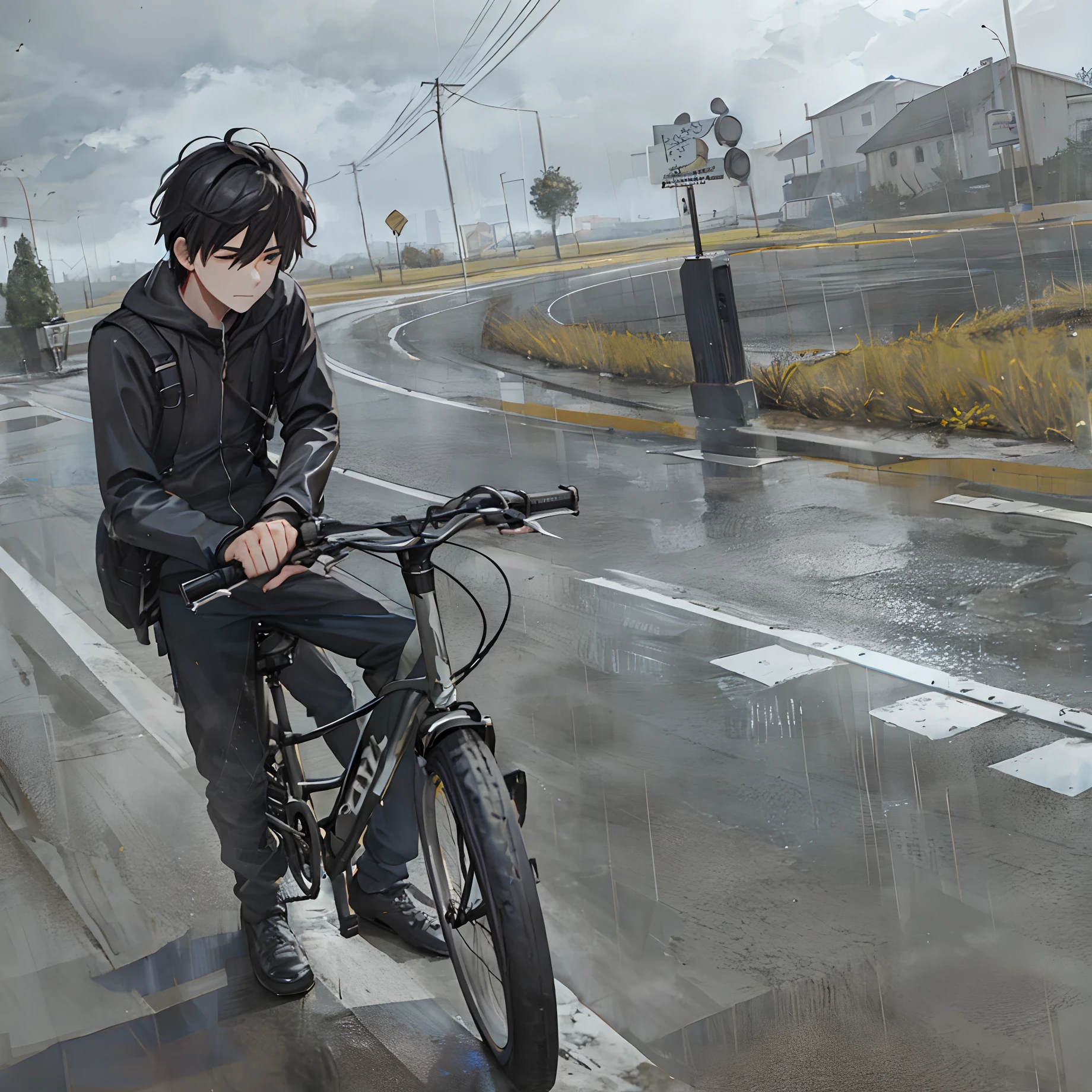 Boy riding his bicycle with difficulty on a road covered with dark clouds and drizzling rain