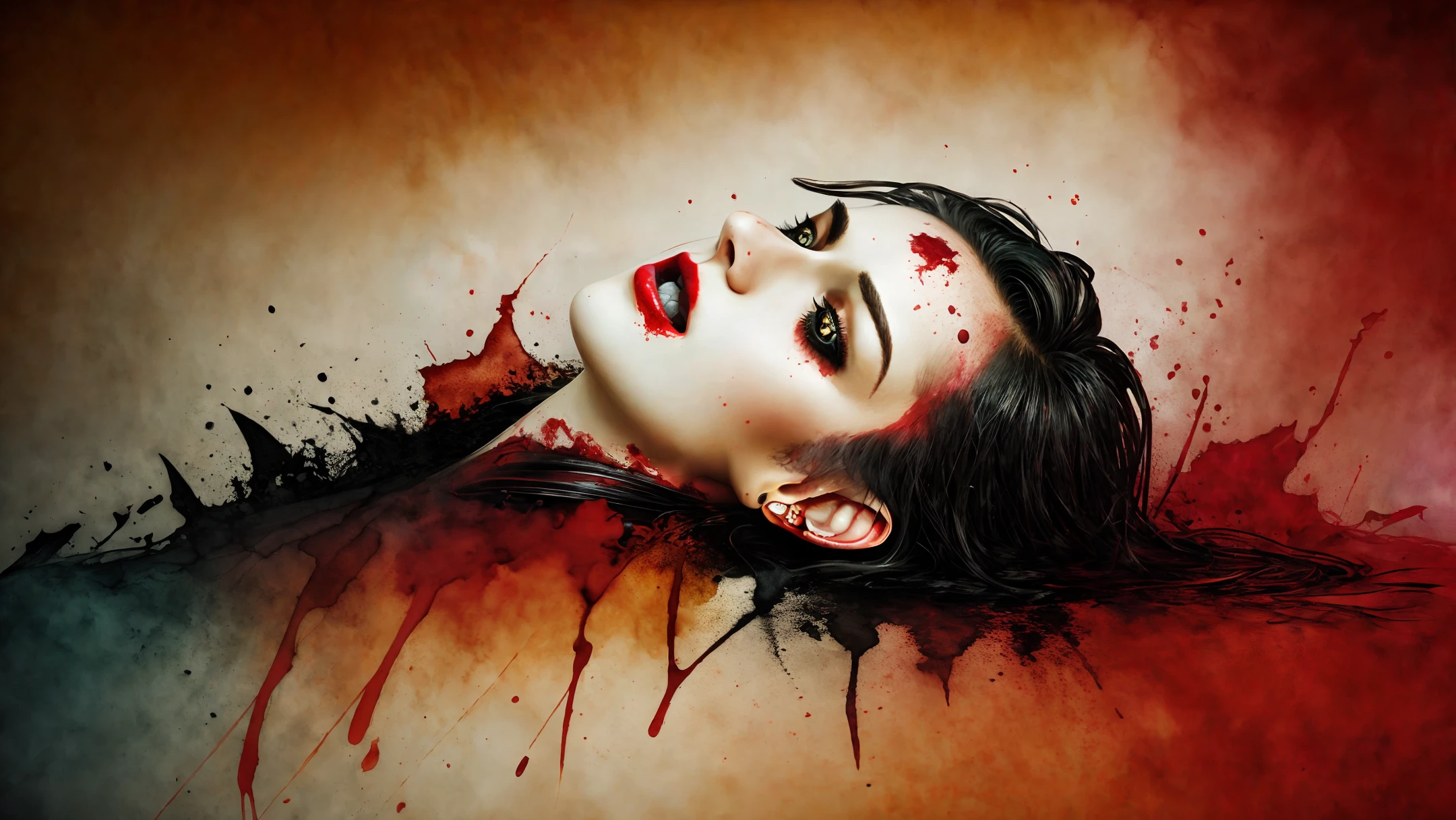 Beautiful vampire baring fangs, set against a river of blood, watercolor style, art, dramatic lighting, David Lynch's graphic style, abstract expressionism, metaphysics, expressionism, golden ratio, detail aesthetic octane rendering excellent Composition and natural texture 8K oil painting masterpiece Canon eos r4s 50