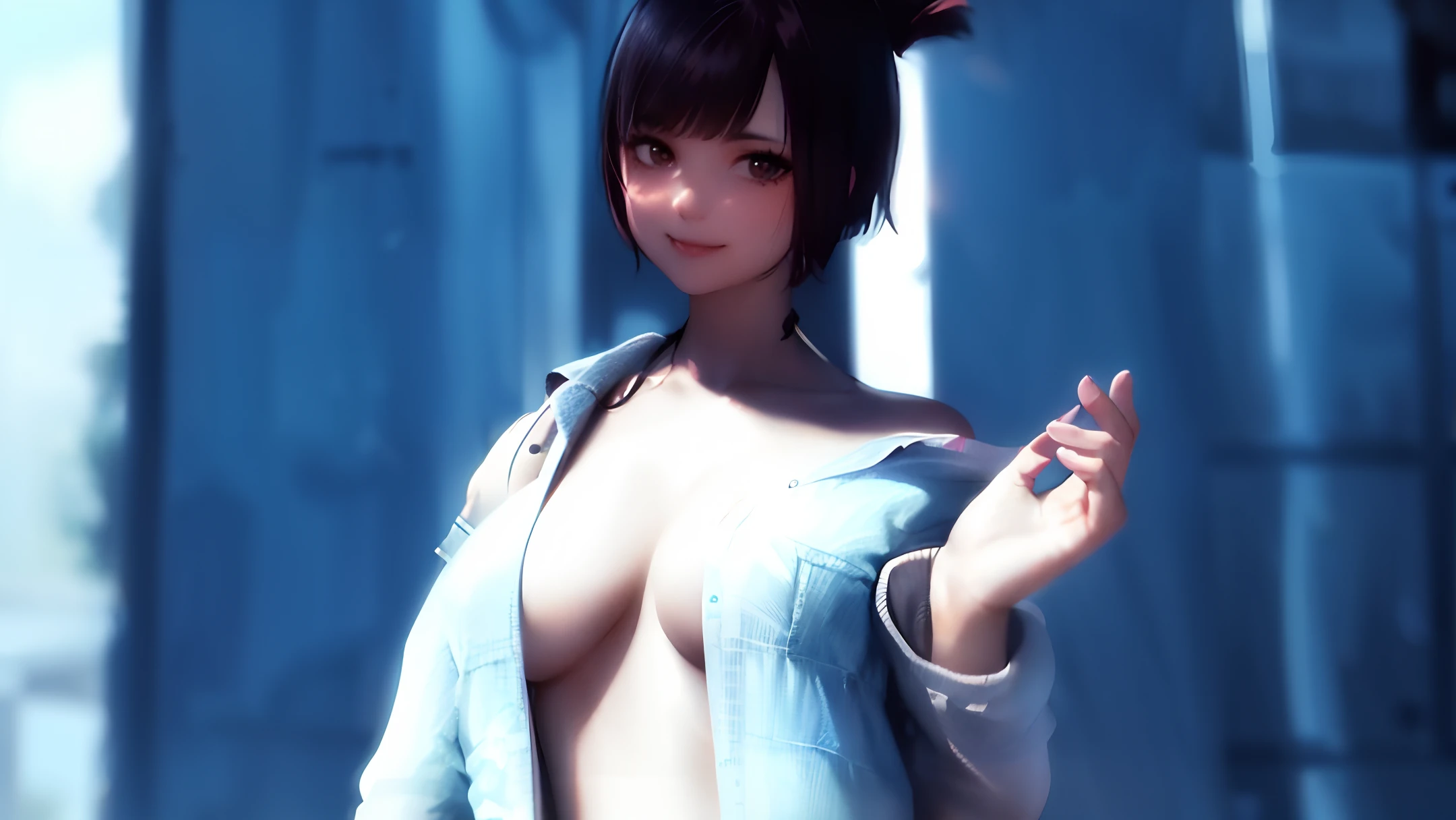 1girl, bangs, bare shoulders, bikini, black_bikini, black hair, (blush: 1.42), breasts, choker, cleavage, clavicle, eyebrows_showing through hair, gradient, gradient_background, gray_background, jacket, large_breasts, short hair, looking at viewer, multi colored hair, bare shoulders, open mouth, pink eyes, smile, solo, highlighted hair, sweat, swimsuit, upper body, golden hour, rim lighting, catgirl
