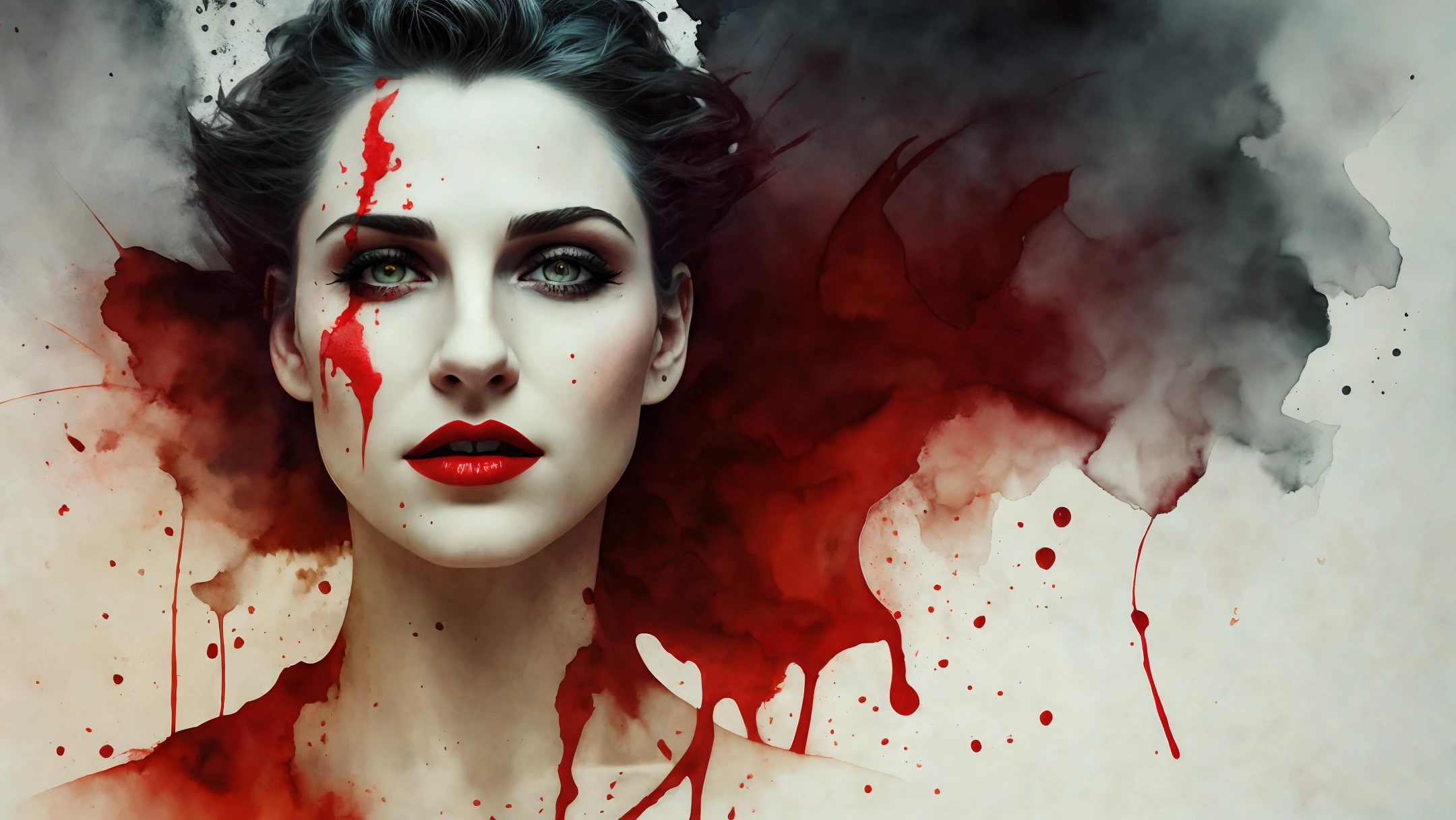 Beautiful vampire baring fangs, set against a river of blood, watercolor style, art, dramatic lighting, David Lynch's graphic style, abstract expressionism, metaphysics, expressionism, golden ratio, detail aesthetic octane rendering excellent Composition and natural texture 8K oil painting masterpiece Canon eos r4s 50