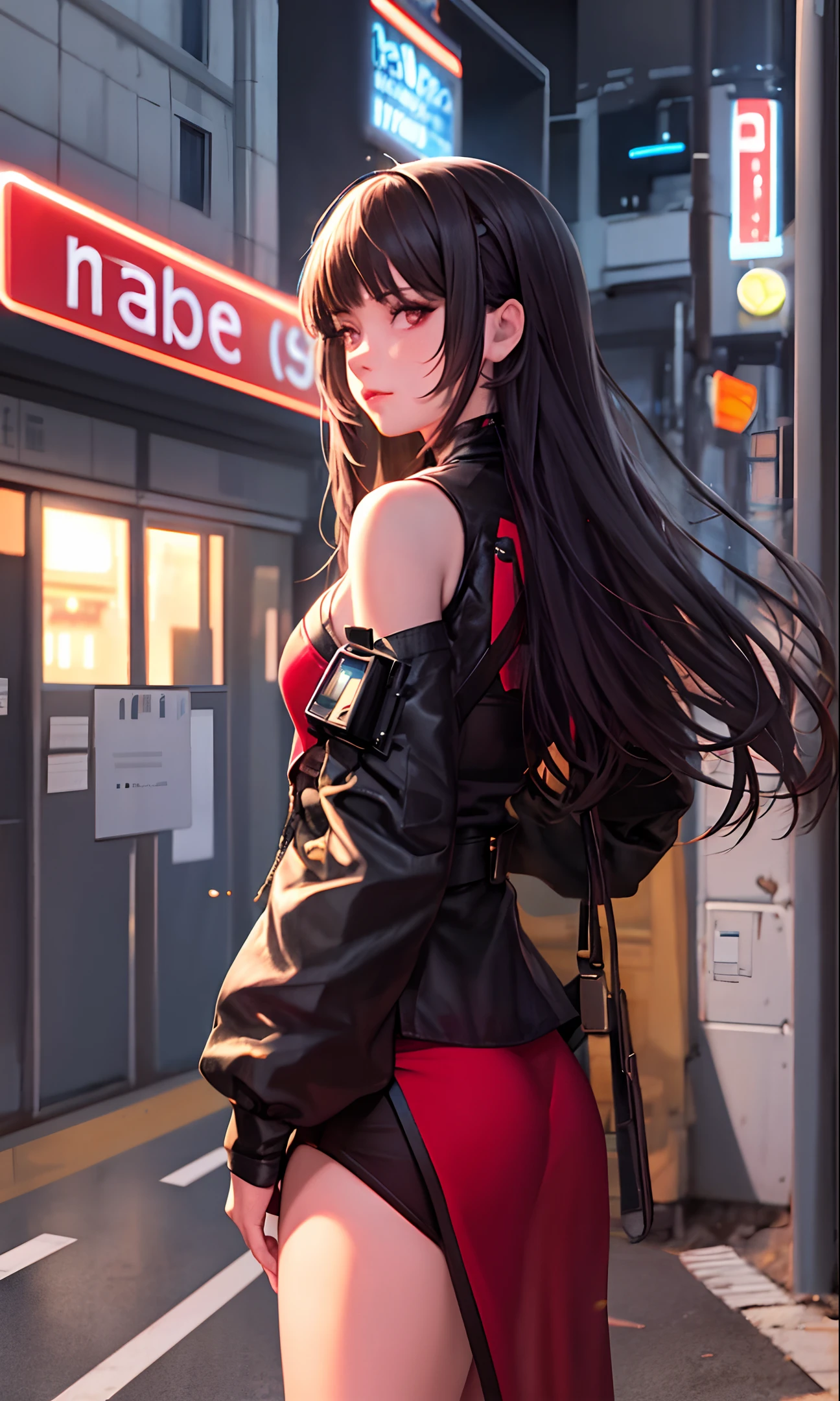 1girl, solo, semi realistic, masterpiece, sharp focus, ultra detailed, absurdres, highres, dynamic lighting, cybernetic background, city, night, neon, cute, slender, small breasts, shiny skin, delicate facial features, sexy facial expression, red dress, arrogant