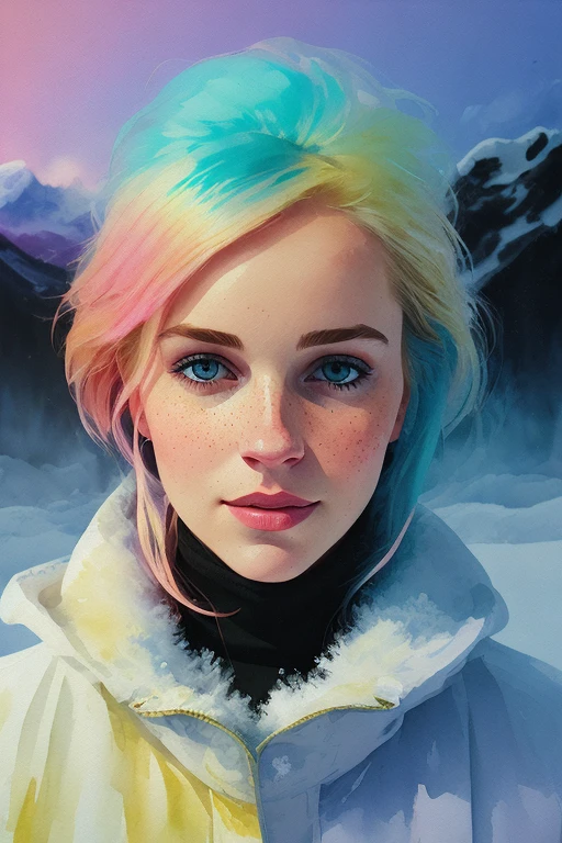 Portrait of ilya kuvshinov and annie leibowitz beautiful smiling woman with some freckles, snow covered mountain landscape background. synthwave watercolor on canvas trends artstation dramatic lighting abstract expressionism pastel tones (HD) golden ratio detail aesthetics octane rendering excellent composition natural texture 8k oil painting masterpiece Canon eos r4s 50