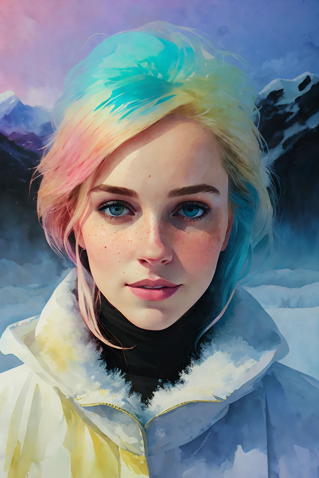 Portrait of ilya kuvshinov and annie leibowitz beautiful smiling woman with some freckles, snow covered mountain landscape background. synthwave watercolor on canvas trends artstation dramatic lighting abstract expressionism pastel tones (HD) golden ratio detail aesthetics octane rendering excellent composition natural texture 8k oil painting masterpiece Canon eos r4s 50
