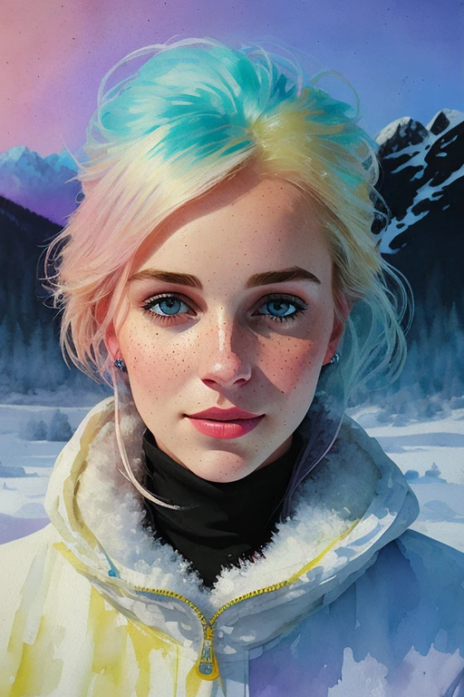 ilya kuvshinov and annie lebovitz portrait of beautiful smiling woman with some freckles, snow covered mountain landscape background. synthwave watercolor on canvas trends artstation dramatic lighting abstract expressionism pastel tones (HD) golden ratio detail aesthetics octane rendering excellent composition natural texture 8k oil painting masterpiece Canon eos r4s 50