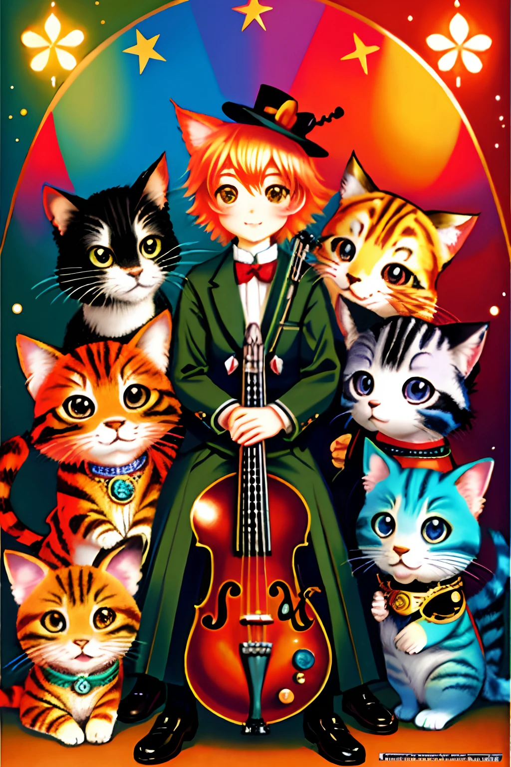 Extremely detailed colorful portrait of adorable anthropomorphic cats playing musical instruments in a big band, 1920s style, musical instruments. Chibi kawaii, Craig Davison, Alexander Jansson, Margaret Keane, Rosa Bonheur, Disney. Ideal composition