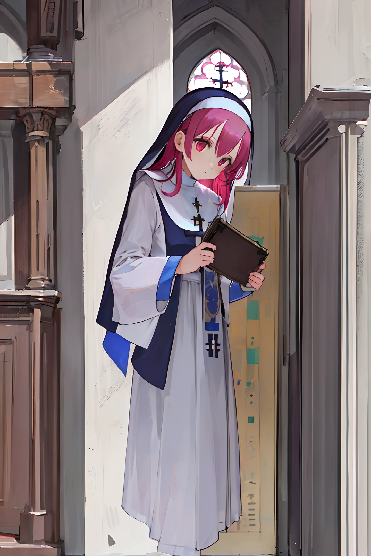 ((masterpiece,best quality)), 1girl,solo,(blue nun outfit0,church background,long magenta hair,sharp gazing eyes,red eyes, looking at viewer