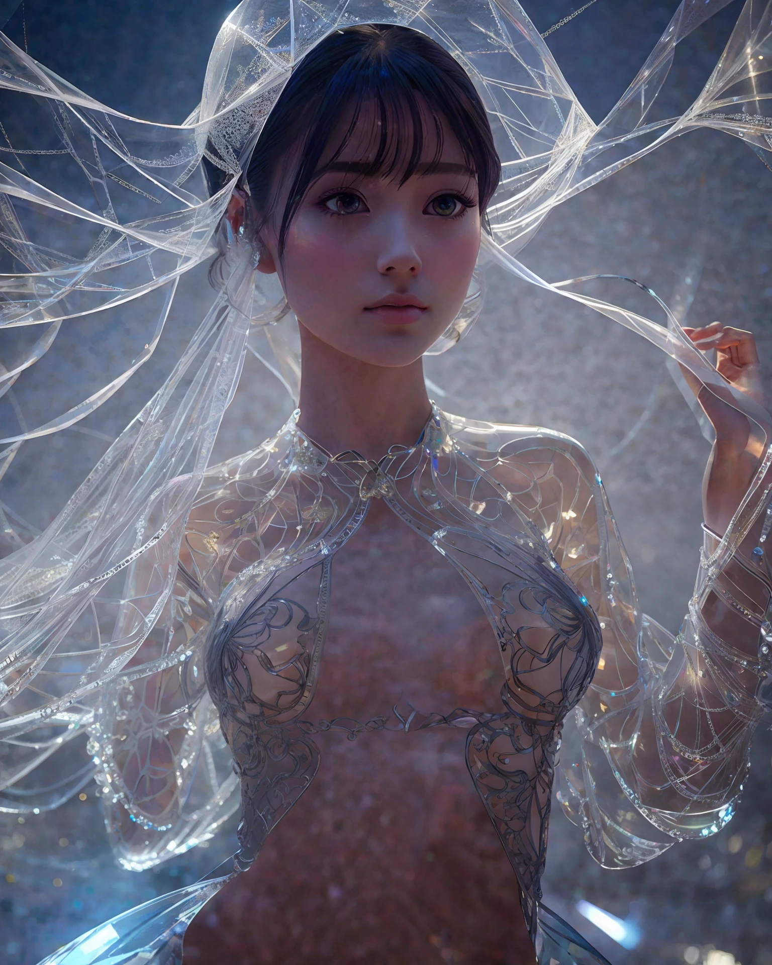 transparent glass ballerina figurine, 3D model, looking at the viewer, insane details, perfect anatomy, perfectly traced face, perfectly traced eyes, extremely detailed, light through glass, volumetric lighting, black background, artstation, sf, intricate artistic masterpiece, sinister, poster matte painting film popular in cgsociety intricate epic detailed vivid production cinematic character rendering super high quality model