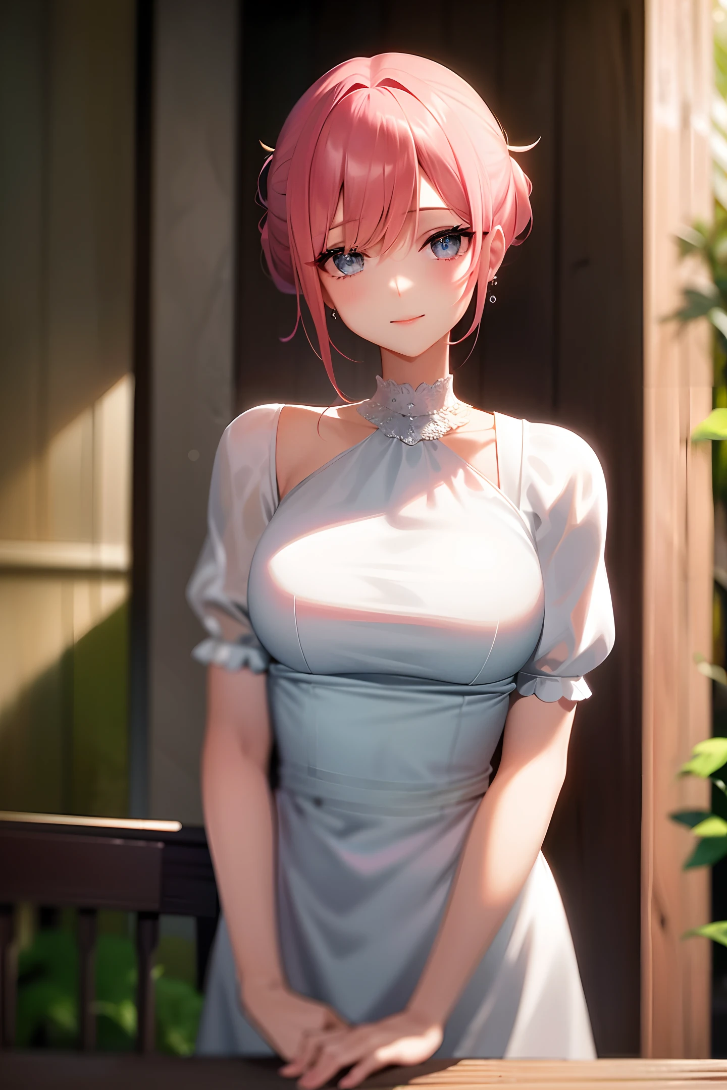 "a girl, An exquisitely detailed and beautifully rendered CG artwork featuring the epic, blue-eyed protagonist Gojou Satoru gazing directly at the viewer while standing at the Mass raindrop background, Off-the-shoulder dress, white dress, pink long hair, (raindrop:1.2), (smile:1.1), styled with a captivating hairdo, accentuated with bangs and hair between eyes, highlighting her distinctive and stylish pink and long hair, in a manner that captivates and intrigues viewers."