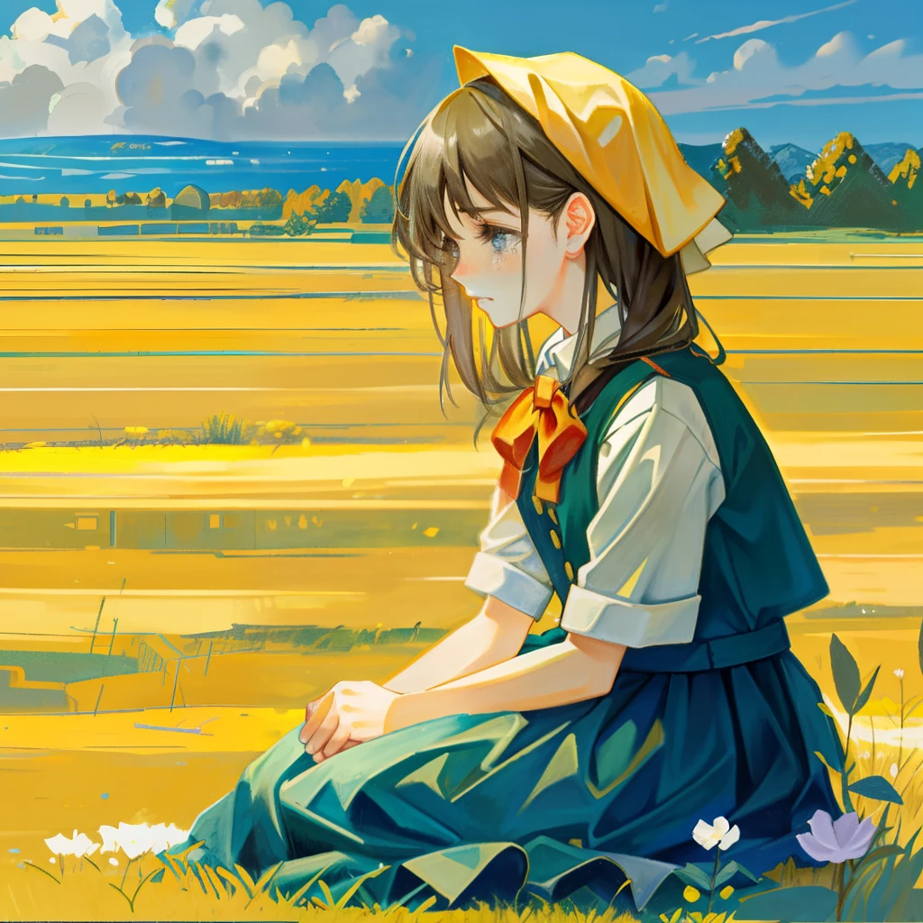 a girl crying helplessly sitting on a field