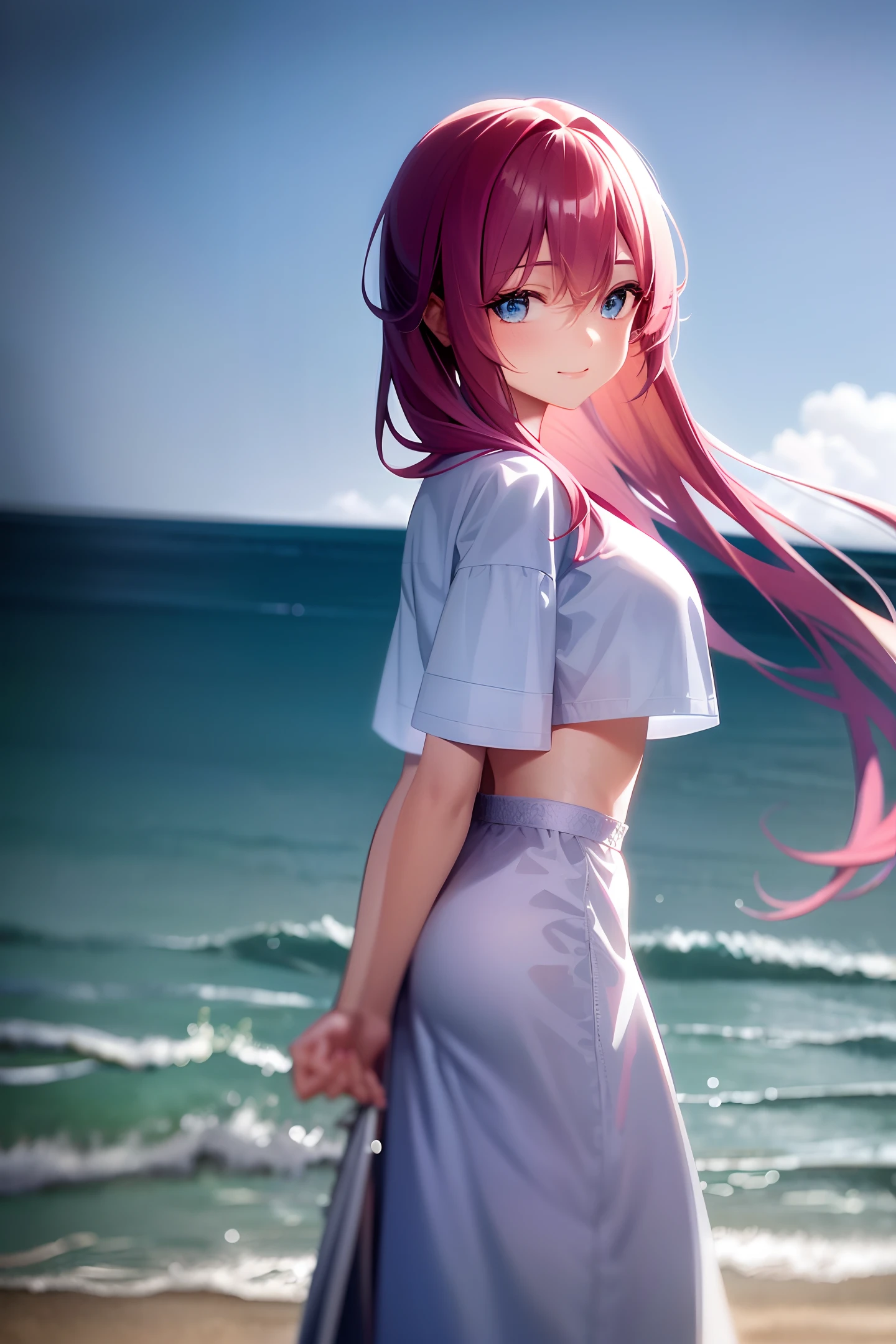 "a girl, An exquisitely detailed and beautifully rendered CG artwork featuring the epic, blue-eyed protagonist Gojou Satoru gazing directly at the viewer while standing at the sea background, Damage T-shirt, smile, long pink hair, (Blue wave:1.2), (Sea wave:1.2), styled with a captivating hairdo, accentuated with bangs and hair between eyes, highlighting his distinctive and stylish pink and long hair."