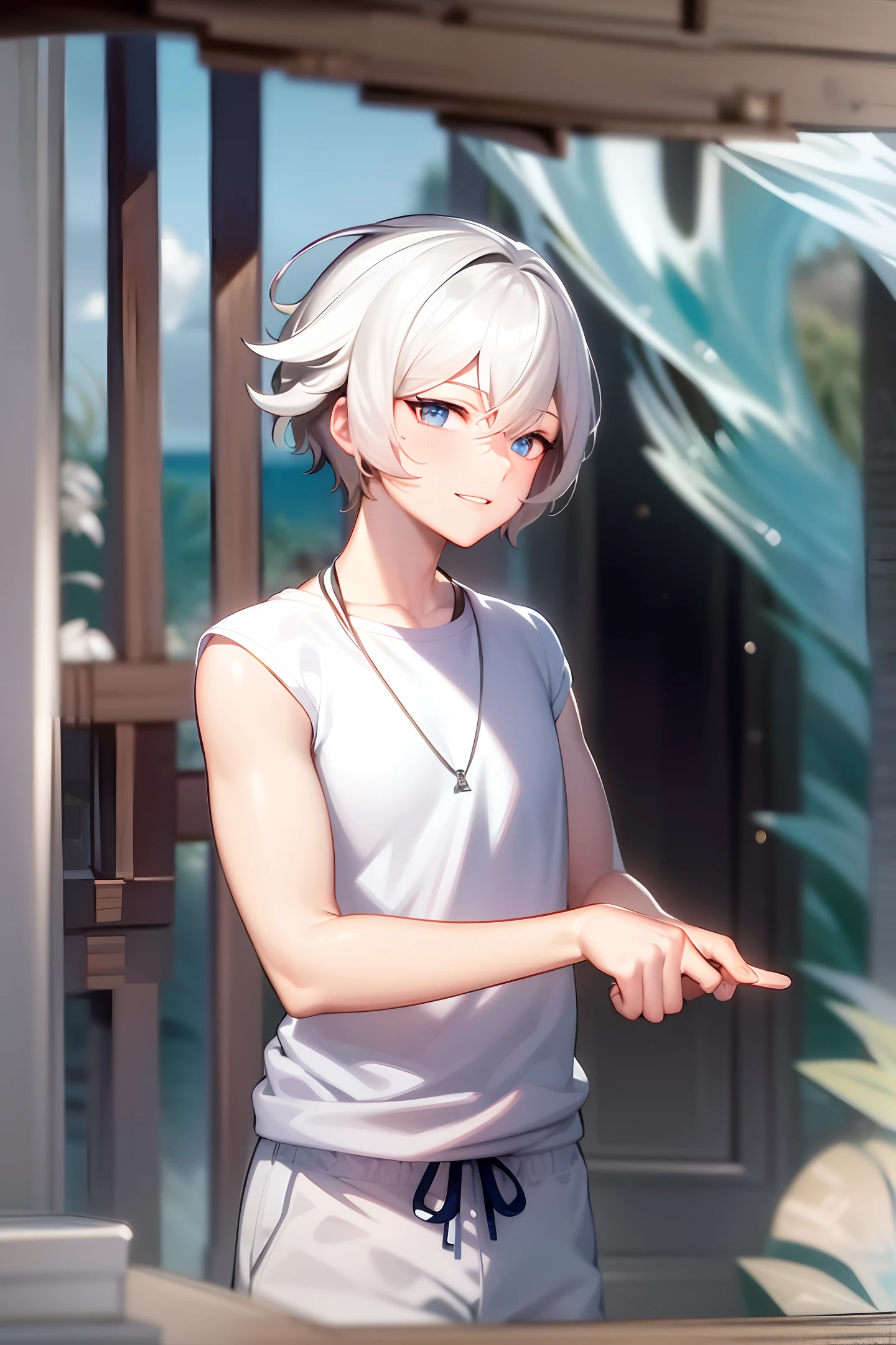 "a male, An exquisitely detailed and beautifully rendered CG artwork featuring the epic, blue-eyed protagonist Gojou Satoru gazing directly at the viewer while standing at the sea background, Damage T-shirt, smile, (Blue wave:1.2), (Sea wave:1.2), styled with a captivating hairdo, accentuated with bangs and hair between eyes, highlighting his distinctive and stylish white and short hair. This dynamic composition expertly showcases his strong male focus, in a manner that captivates and intrigues viewers."