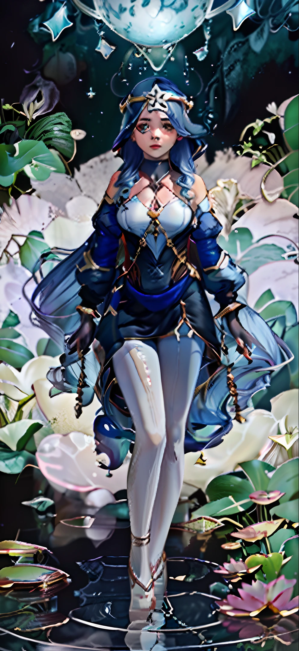White skin, symmetrical, high-detail RAW color photo professional close-up photo, [:(High-detail face: 1.2):0.1], (PureErosFace_V1:0.4), full body, pores, real skin, 18-year-old female, body in contact with water and surroundings Ripples, lotus leaves, clear clean water, shining eyes, looking at viewer, wearing doctor uniform, wet clothes, see-through clothes, wet body, wet hair, Tyndall effect, lens flare, shadow, bloom, backlight, depth of field, natural lighting, hard focus, film grain, shot with a sony a9 II mirrorless camera, Laurence Demaison, 2 breasts,