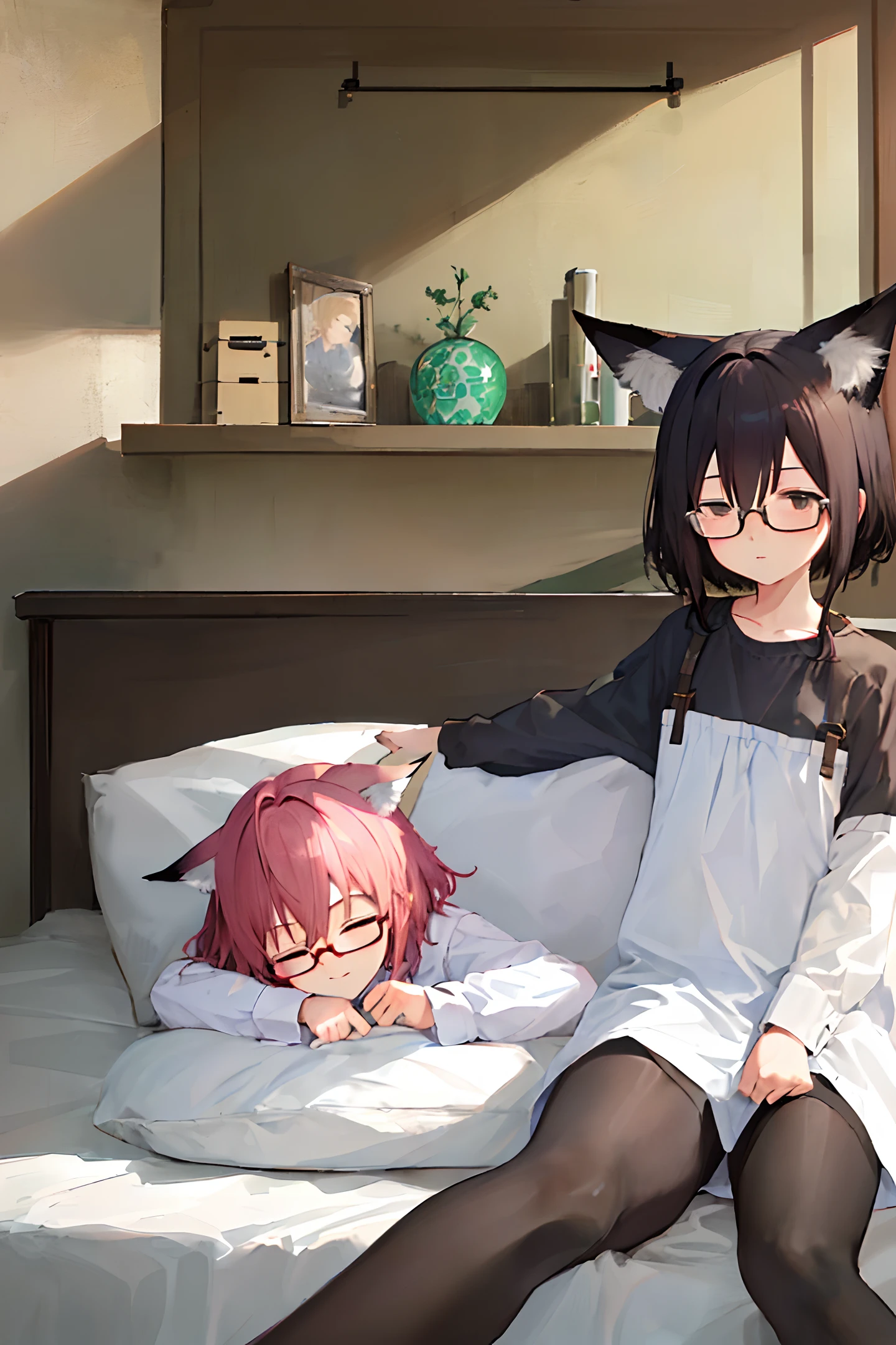 ((masterpiece,best quality)), 1girl, short black hair, round glasses, bedroom, bed, lying on bed belly flat, half closed eyes, pantyshot, (baggy oversized shirt), round glasses, fox ears