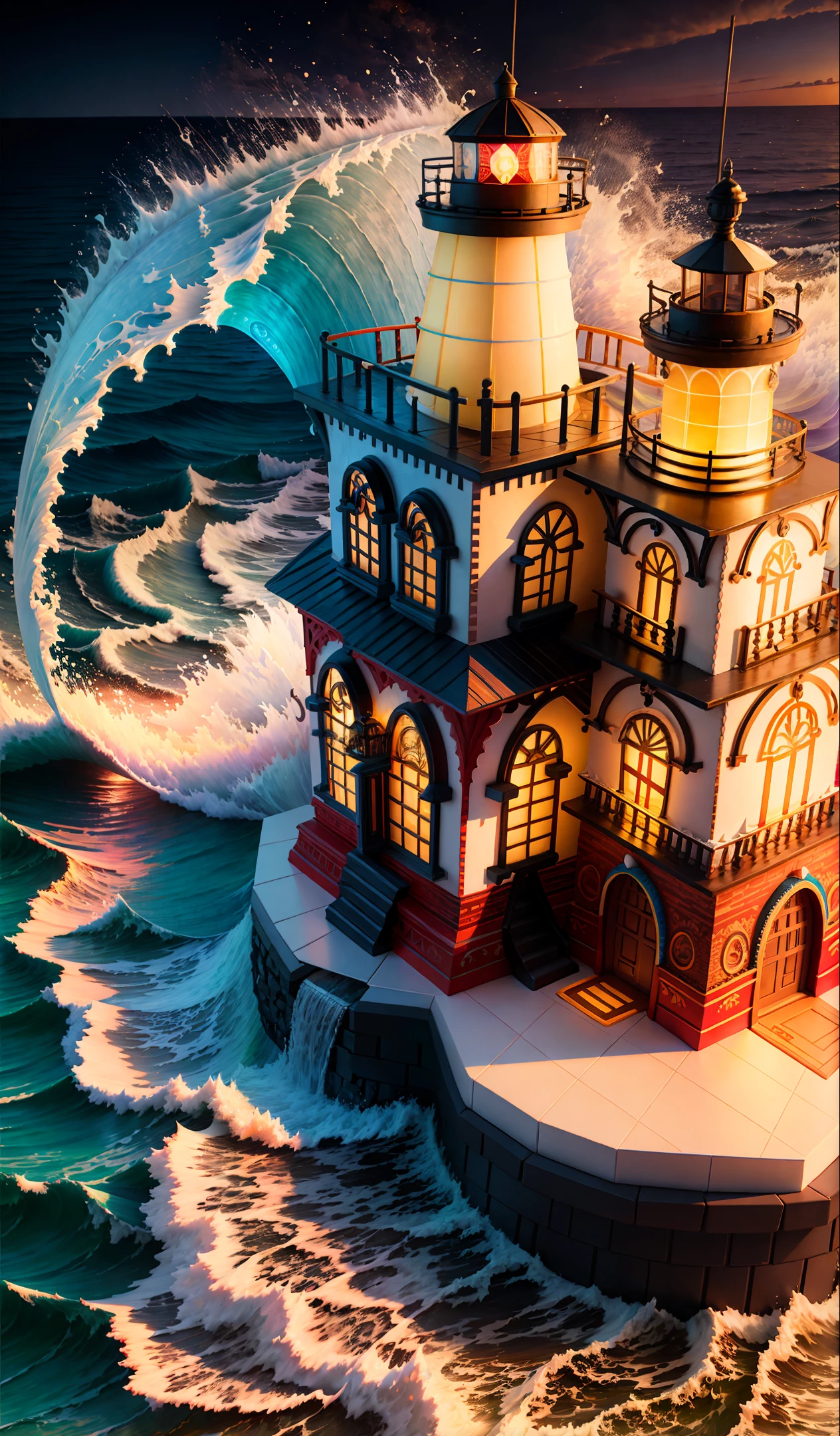Large waves, lighthouse, multi dimensional paper quilling, 3d, detailed, realistic photography, detailed, magic light, colorful background, intricate details, rich colors, realistic style, front look,