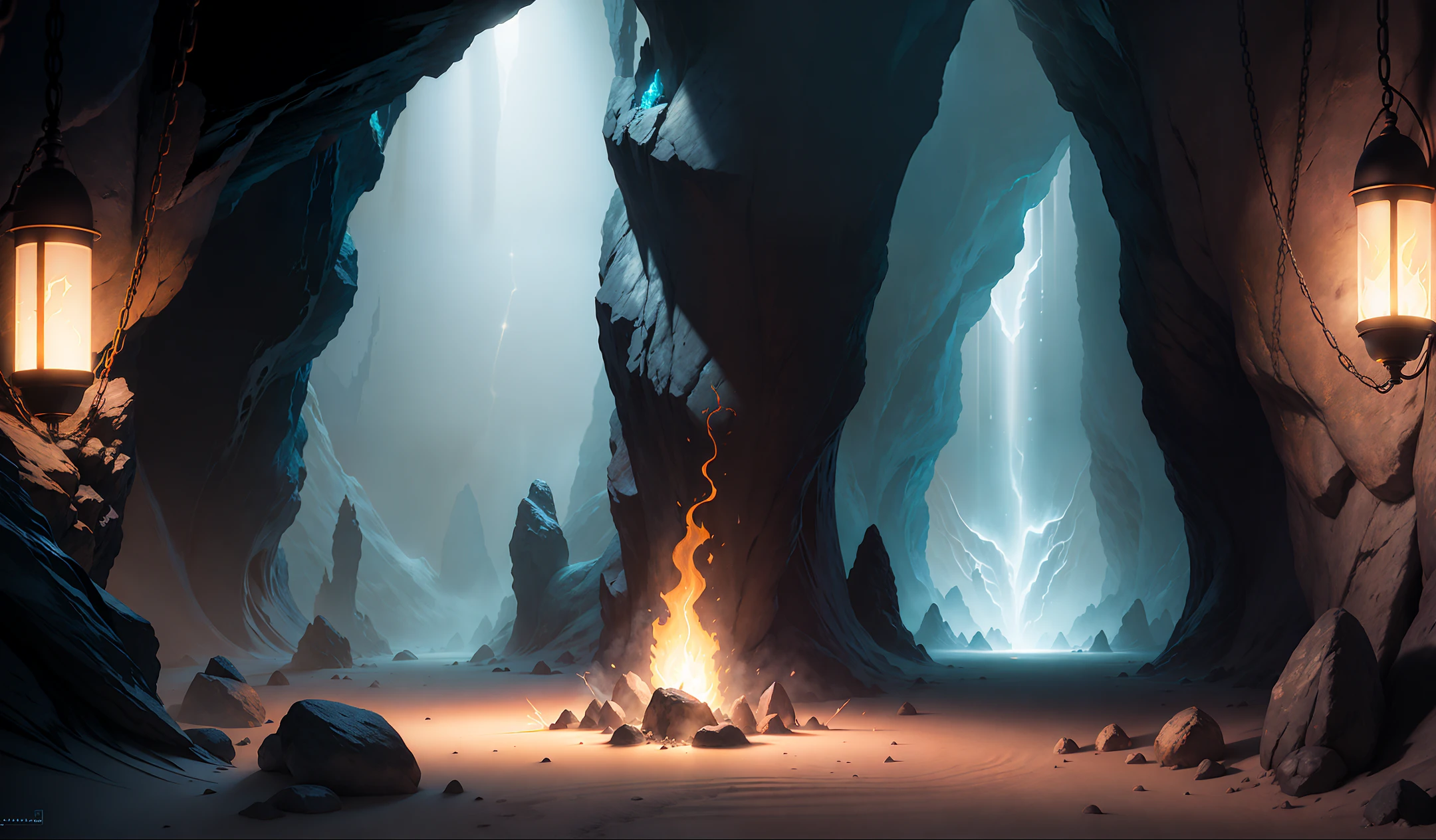 The space is dimly lit by flickering torches, casting shadows on the walls and creating an ominous atmosphere. [2] The cave is vast and winding, with jagged rock formations protruding from the walls and ceiling, elegant, fantastical, global illumination, backlighting, cold lighting, sharp focus, realistic, bokeh, cinematic composition, ultra-detailed, realistic, ultra-realistic , volumetric lighting, 8k, trends on artstation