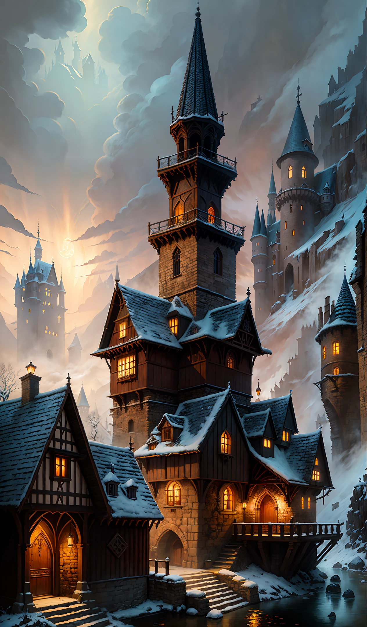 Medieval Fantasy Village, Gothic Architecture, steps, Riverside, Beautiful, Mystical, Lovely, water, fantasy, Picturesque, Threatening sky, Winter, intricate detail, detailed, Dramatic lighting, Chiaroscuro, Concept art, Digital art, Jordan Grimmer, Darek Zabrocki