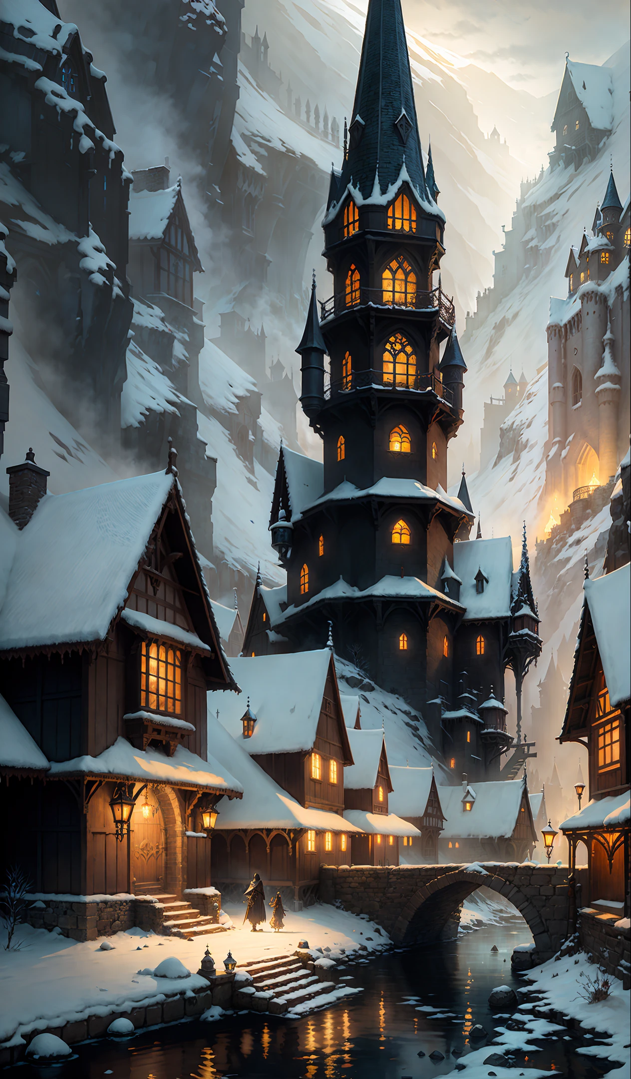 Medieval Fantasy Village, Gothic Architecture, steps, Riverside, Beautiful, Mystical, Lovely, water, fantasy, Picturesque, Threatening sky, Winter, intricate detail, detailed, Dramatic lighting, Chiaroscuro, Concept art, Digital art, Jordan Grimmer, Darek Zabrocki