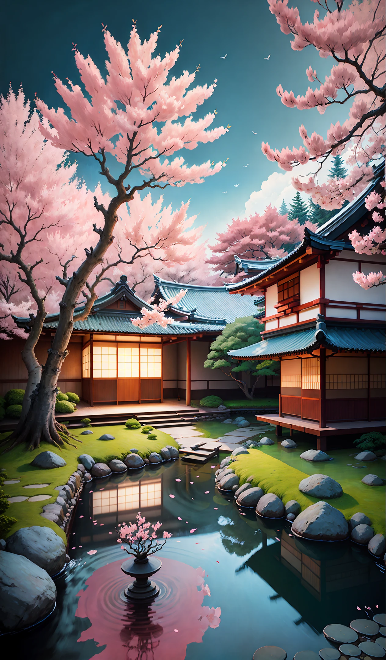 An oil painting of "a peaceful Japanese Zen garden adorned with cherry blossoms and a tranquil pond" in the style of Dan Mumford, Chris Samnee, Kilian Eng, New Topographics, Guatemalan art, poster, highly detailed, 32k uhd