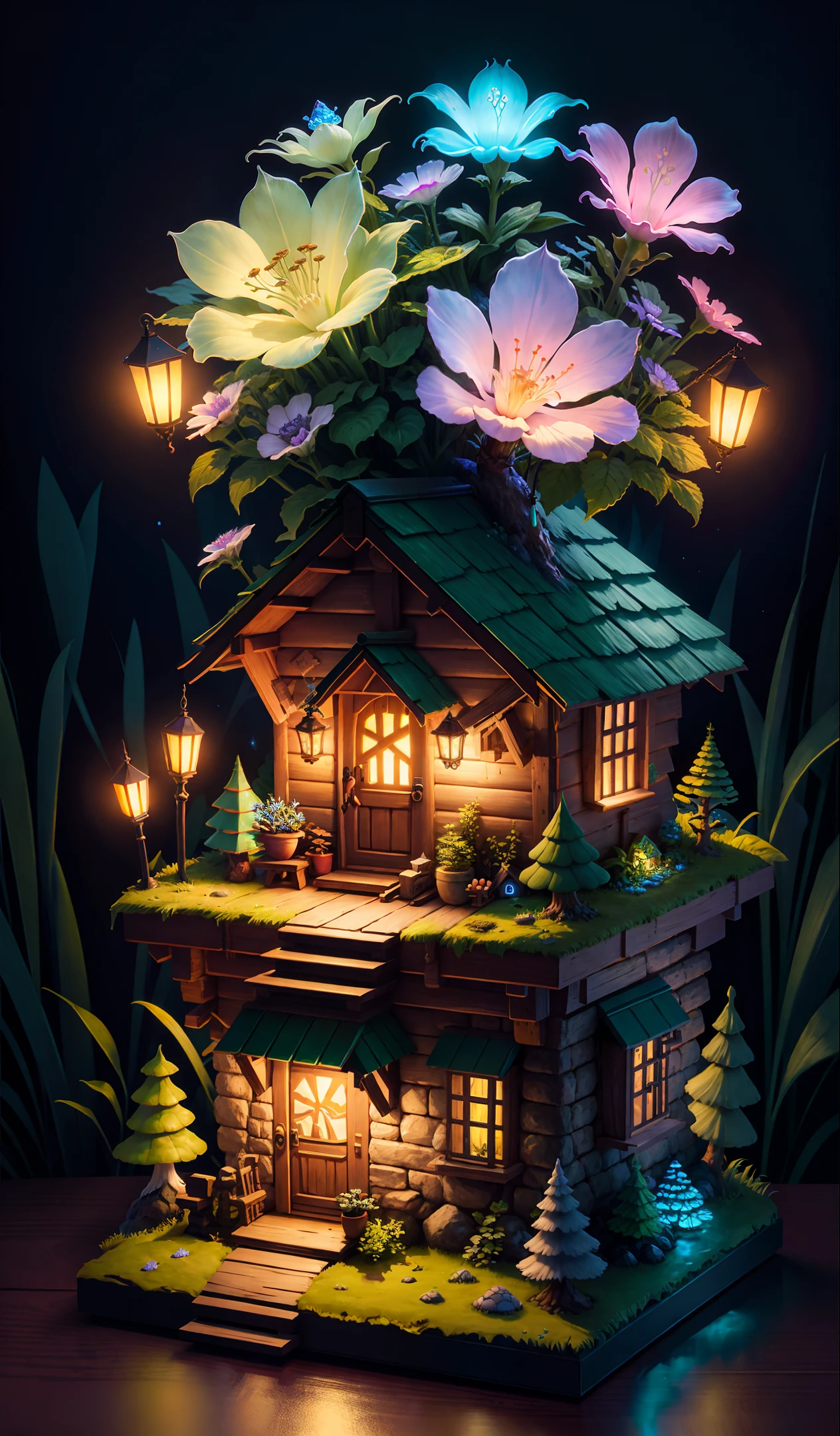 surreal tiny pixie house isometric diorama surround by large luminous 🍄 , Cottage core, 🌿 , Cascading, steps, beautiful, hyperdetailed illustration, vibrant, fantasy, night, dark, volumetric lighting, water, Gediminas Pranckevisius, Thomas kinkade, Breath of the wild, Studio ghibli, concept art, Cinematic, lighting, digital art, 8k