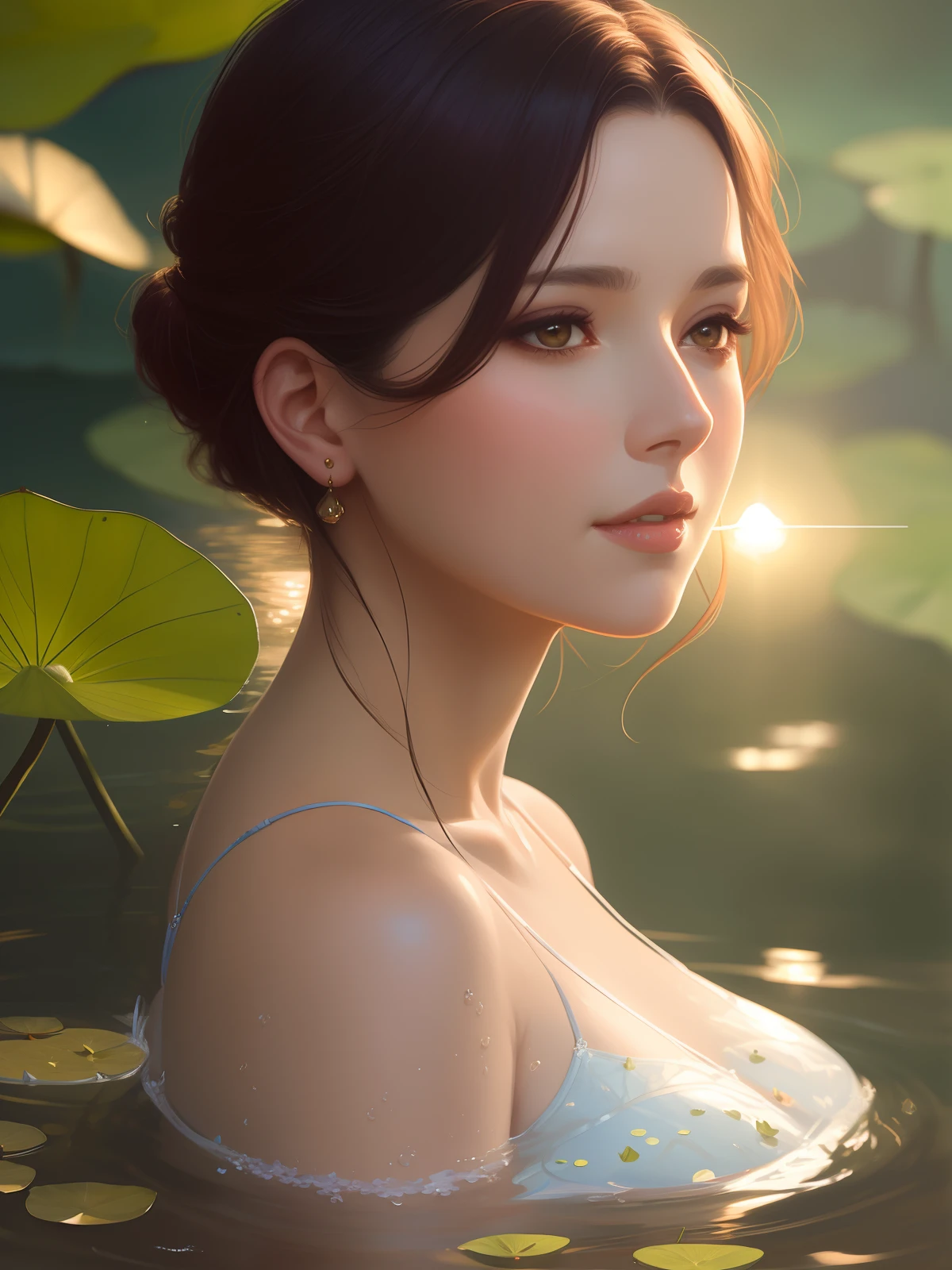 Close-up portrait of a lovely woman (Scarlett) bathing in a river, lotus leaves, (backlit), realistic, masterpiece, highest quality, lens flare, shadow, bloom, [[color difference]], by Jeremy Lipking, author Antonio J. Manzanedo, digital painting