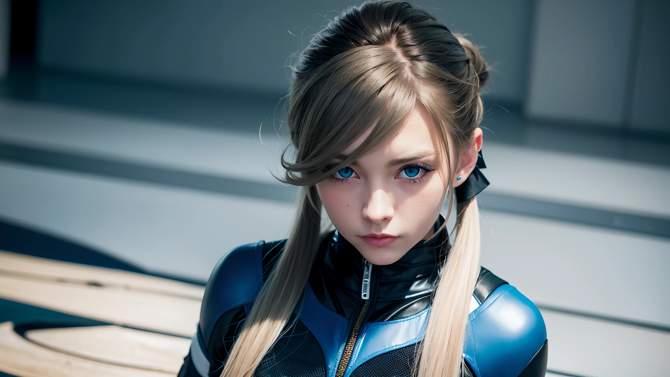 Long ponytail, blue eyes, blonde