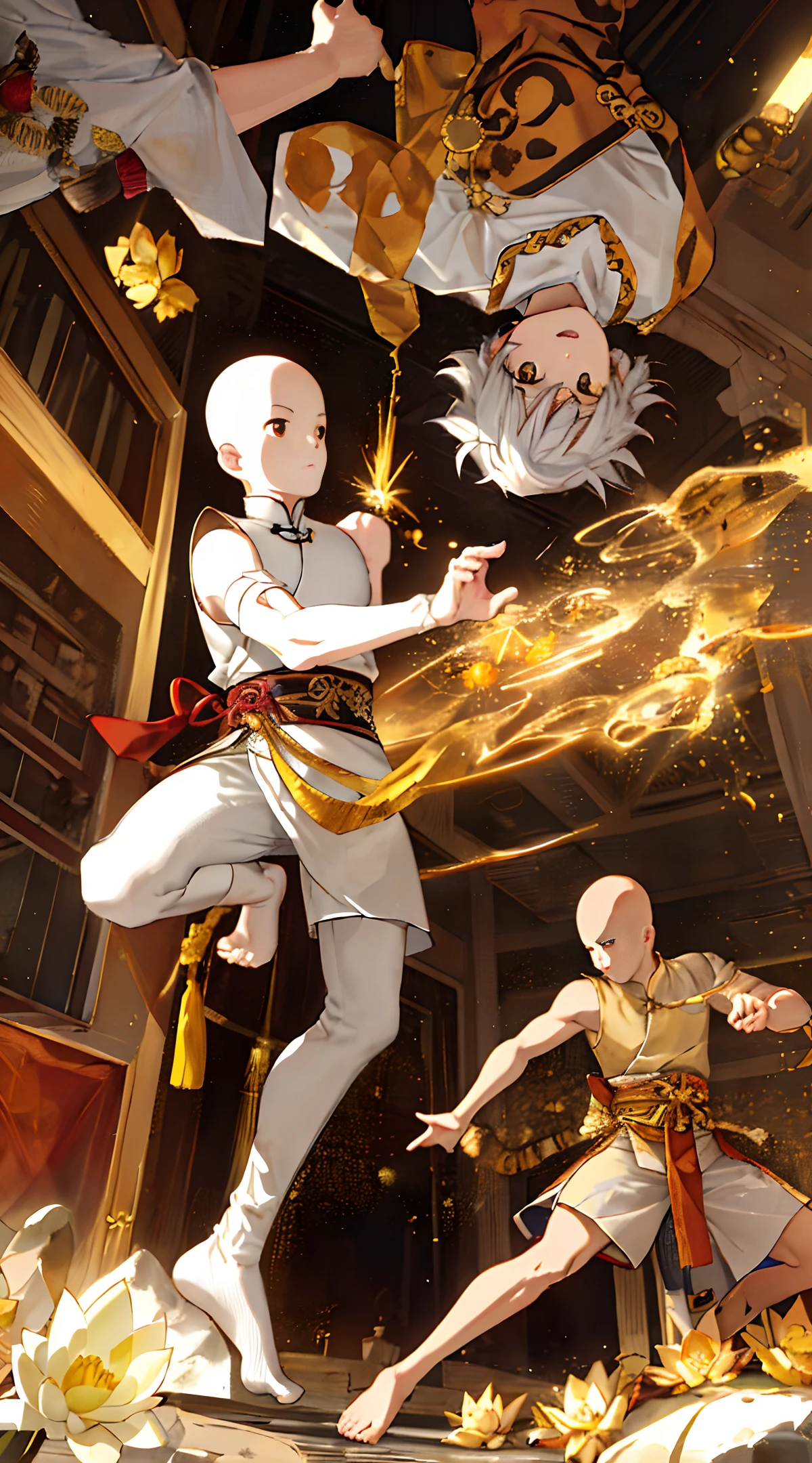 A high quality masterpiece,
In the temple, a bald Chinese monk with golden eyes was surrounded by a transparent, shiny tiger. His martial arts and fighting posture are as fast as lightning
You have a huge circular aura behind you, a lotus flower at your feet, your whole body,
chiaroscuro, pov, anatomically correct,