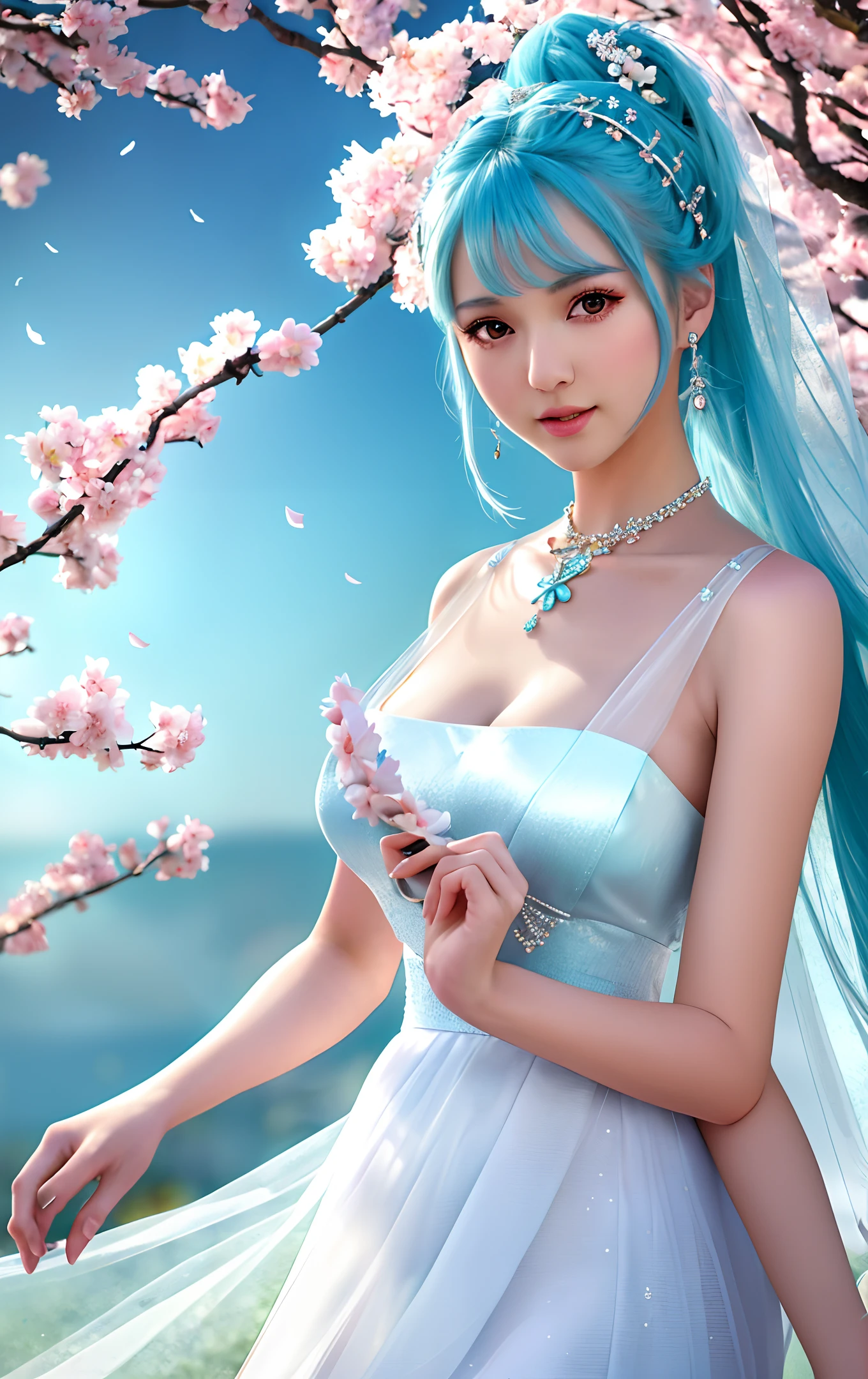A high-quality 4K masterpiece of a beautiful girl in a realistic and delicate white chiffon dress with sky-blue hair, a necklace, hair accessories, and a floral headpiece standing in a cherry blossom background. Solo shot emphasizing the upper body with a ponytail, jewelry, and décolletage.