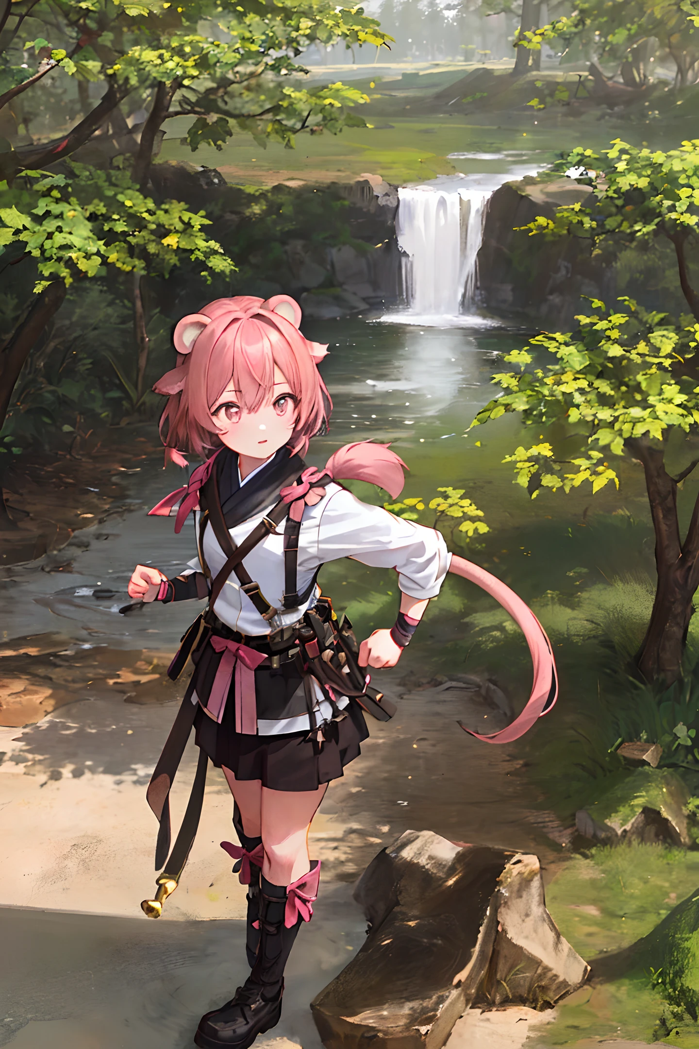 ((masterpiece,best quality)), 1girl, forest, ninja outfit, monkey ears, monkey tail, brown wavy hair, sparkling pink eyes standing on top of a tree branch