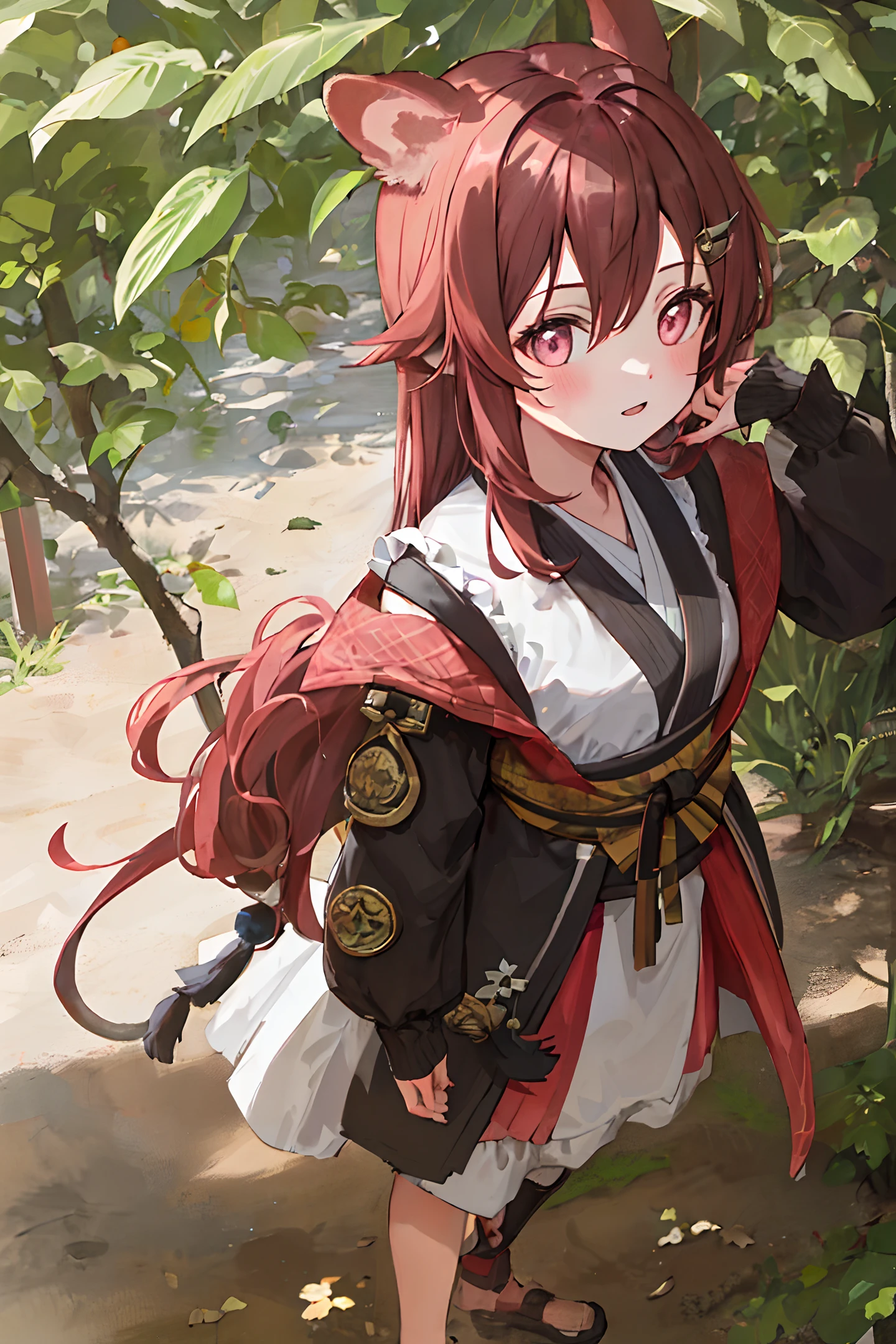 ((masterpiece,best quality)), 1girl, forest, ninja outfit, monkey ears, monkey tail, brown wavy hair, sparkling pink eyes standing on top of a tree branch