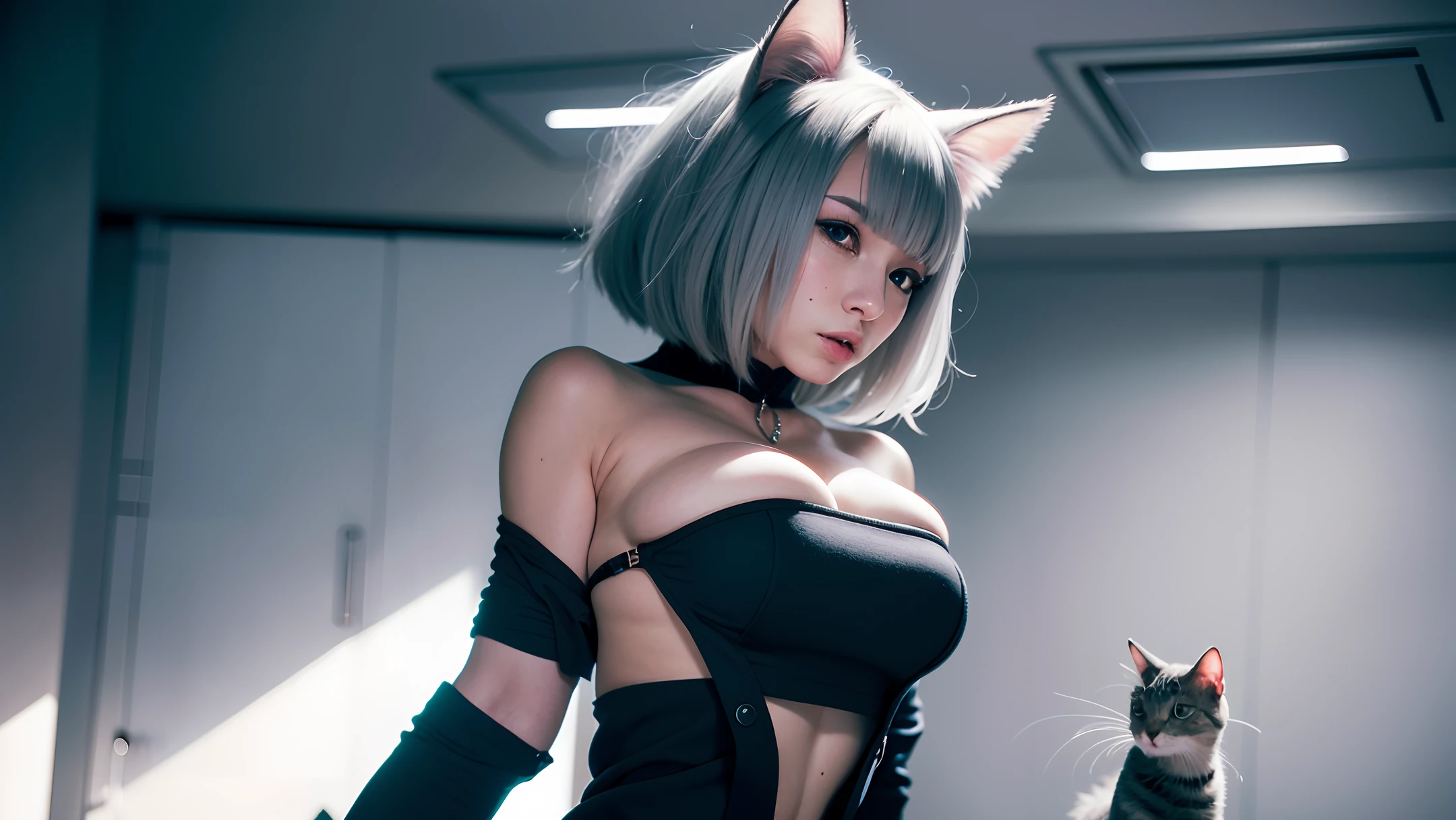 short hair, white hair, cat, girl, big boobs, neckline