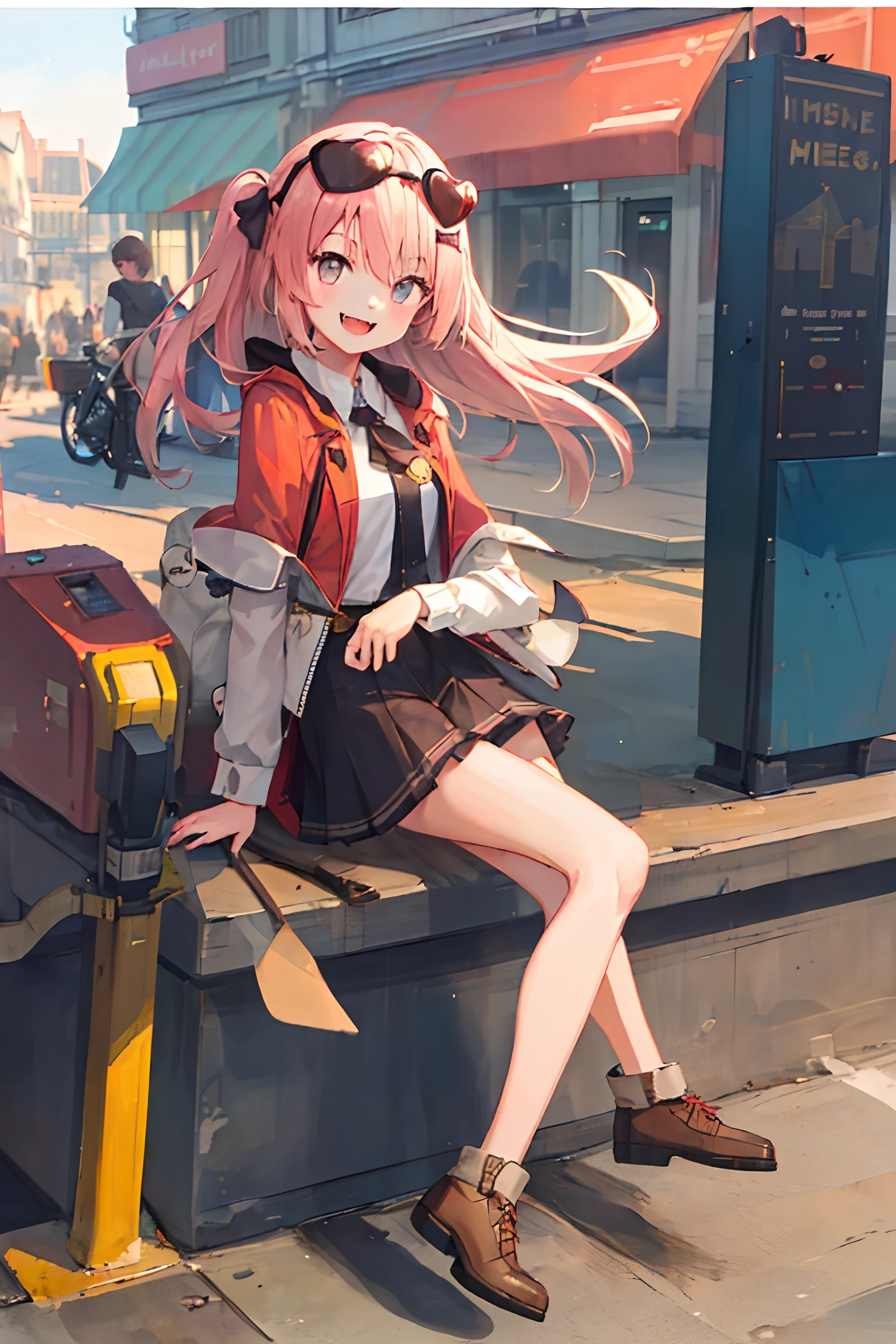 ((masterpiece,best quality)), 1girl, fangs, smiling cheeky look while winking, casual clothing, city streets (people), sunset