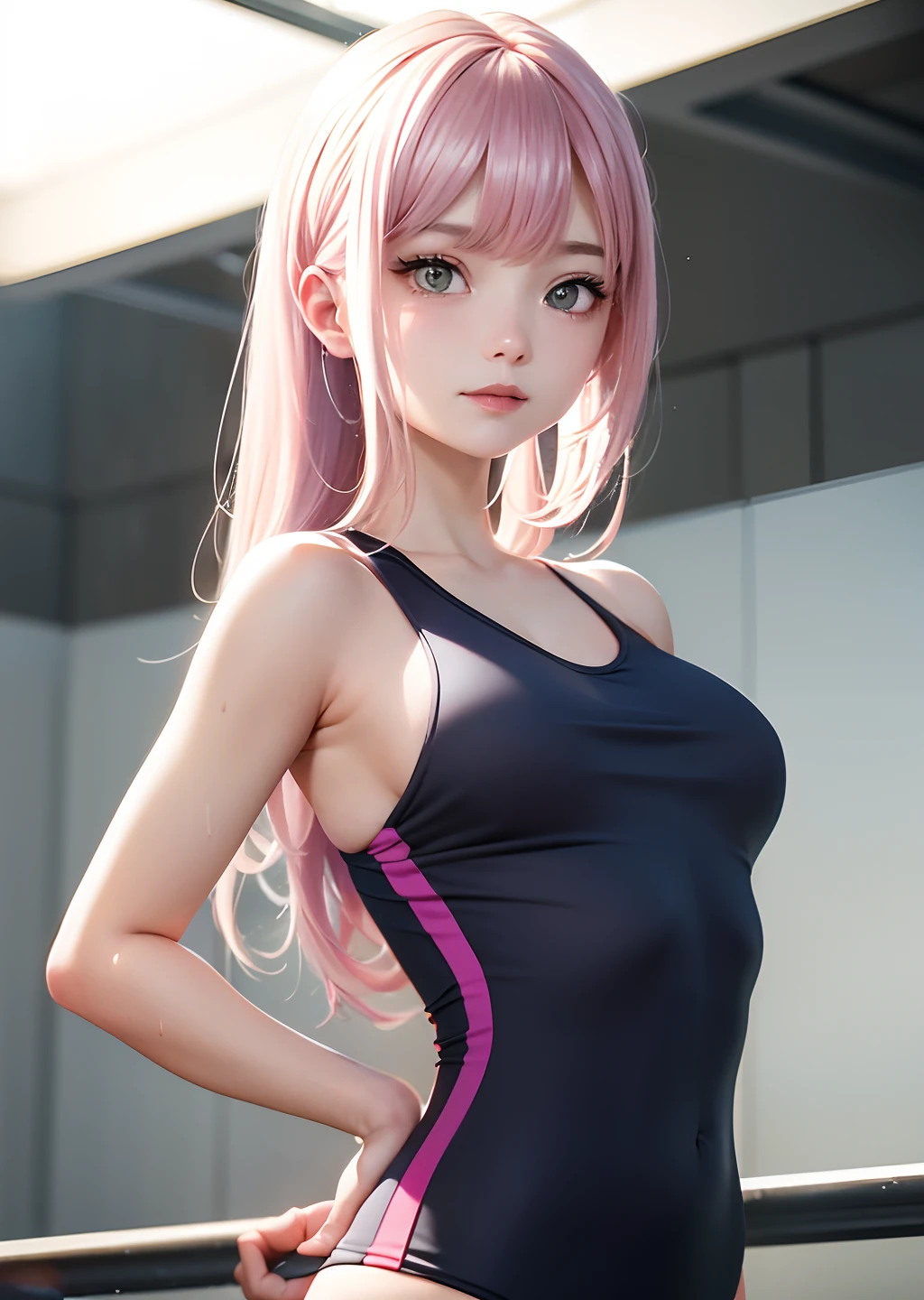 1 girl in the school gymnasium, 2, fine clothes, light gym suit, (delicate illustration: 1.4), (masterpiece: 1.0), (best quality: 1.4), (super high resolution: 1.2), ( Realism: 1.4), (8k, RAW photo:1.2), (soft focus:1.4), (18yo:1.3), (sharp focus:1.4), (renaissance art:1.4), detailed beautiful face, ((wet body)), pink and white hair,