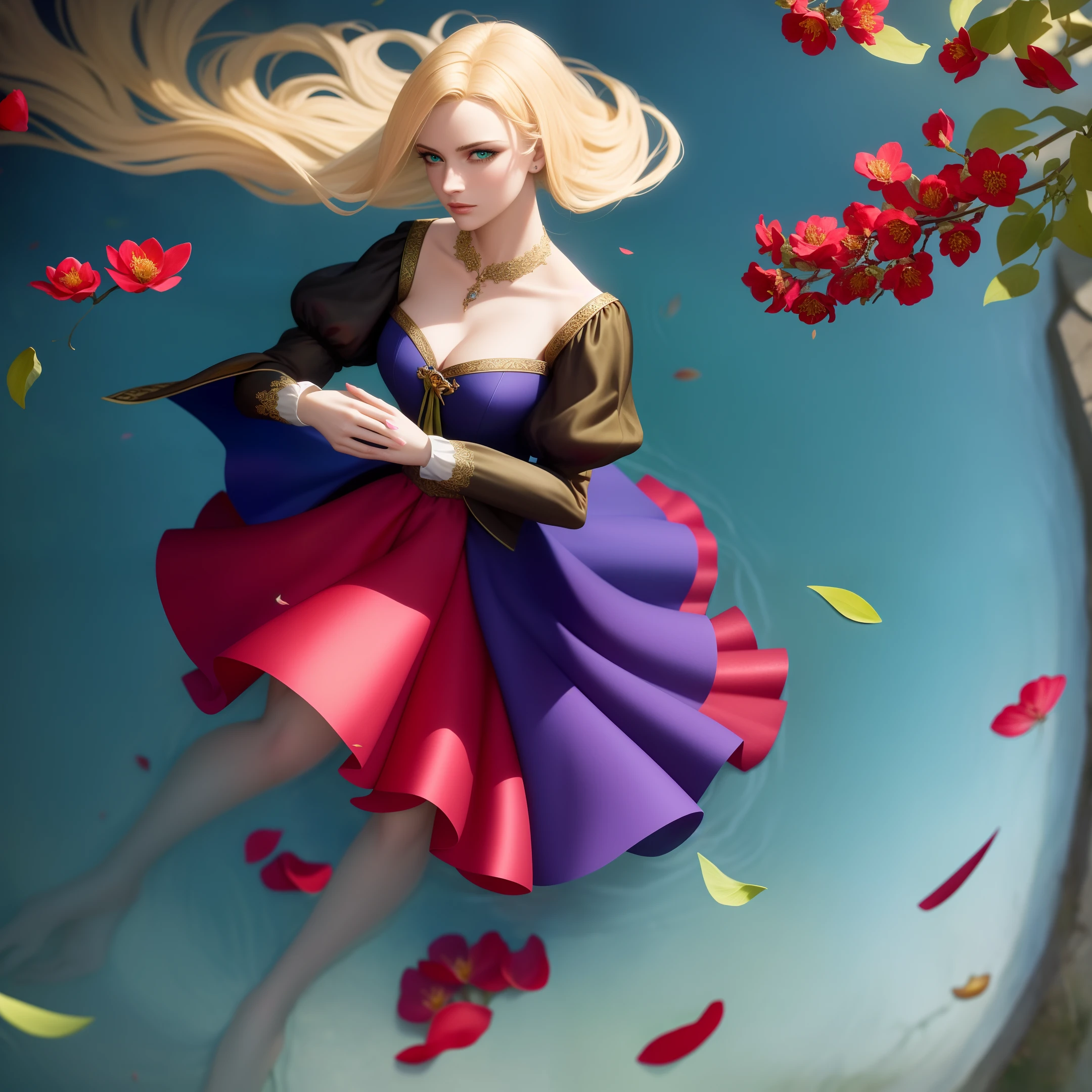(dramatic illumination, dynamic angle, intense color contrast), [(a young woman with blonde hair pulled to one side and green eyes: 1.2), (scattering flower petals: 1.2), (leaves and petals floating in the air: 1.2), (wearing blue shakespearian clothing: 1.1), (outdoors near a pond: 1.1)],
