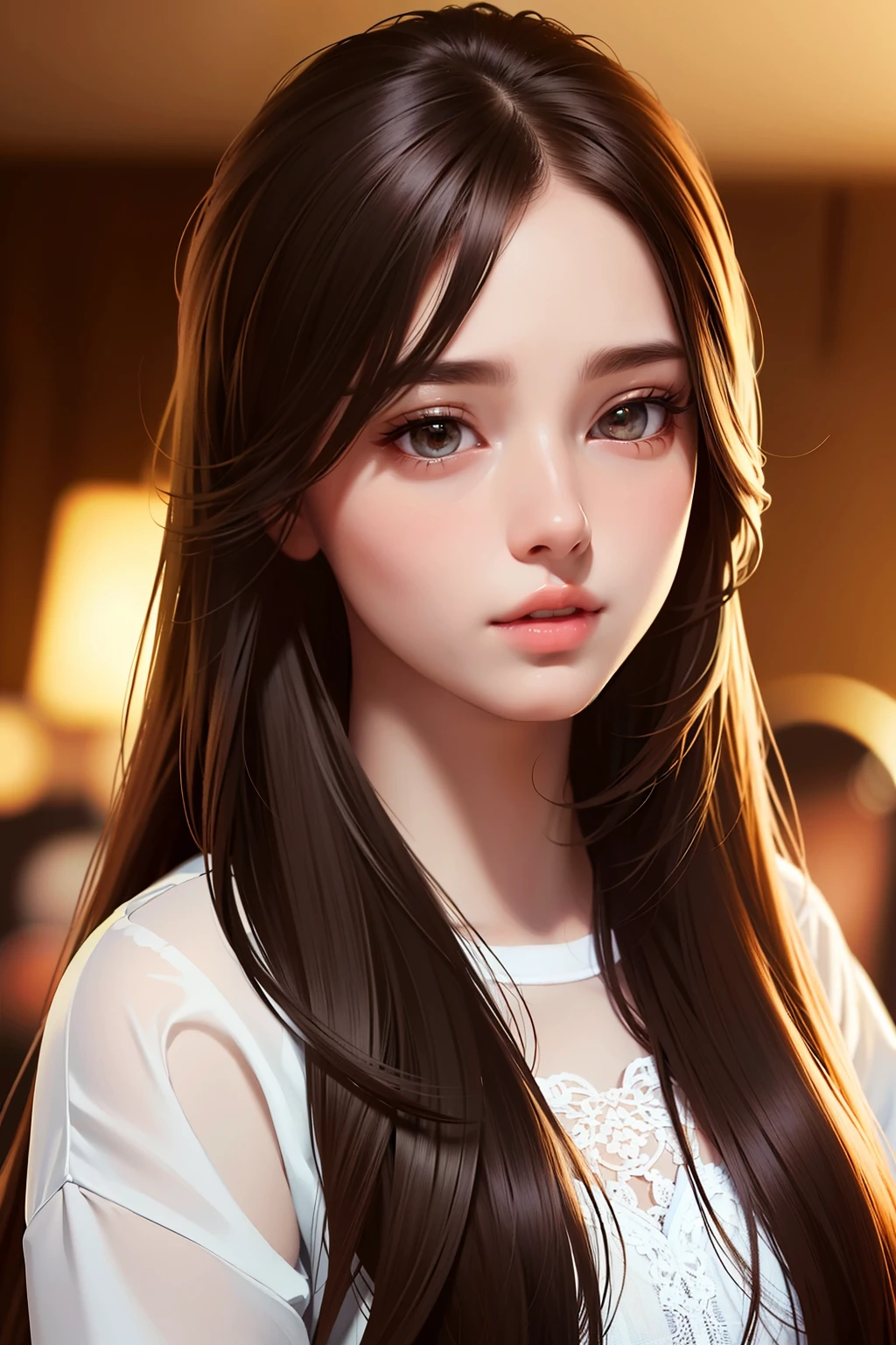 Top quality, masterpiece, (realism: 1.2), 1 girl, brown hair, brown eyes, front, detailed face, beautiful, cute, long hair,