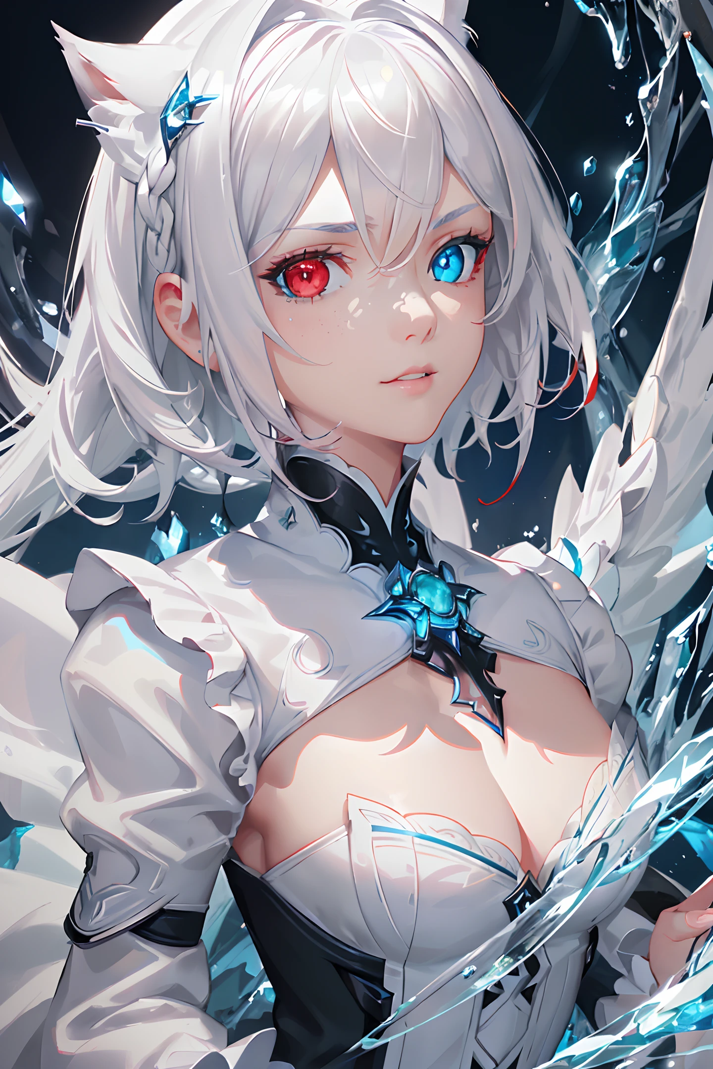 (epic), (elegant), ((detailed)), ((best quality)), ((masterpiece, sidelighting, finely detailed beautiful eyes: 1.2)), extremely_detailed_wallpaper, highres, (masterpiece, best quality, ultra-detailed, best shadow), (detailed background,dark fantasy), (beautiful detailed face), high contrast, (best illumination, an extremely delicate and beautiful), ((cinematic light)), hyper detail, dramatic light, intricate details, (1 girl, solo,white hair, sharp face, (blue and red eyes), hair between eyes, dynamic angle), swirling black light around the character, depth of field,black light particles,(broken ice),magic circle,cat girl,short hair, xenoblade, (((heterochromia))),cat ears, freckles, dynamic pose