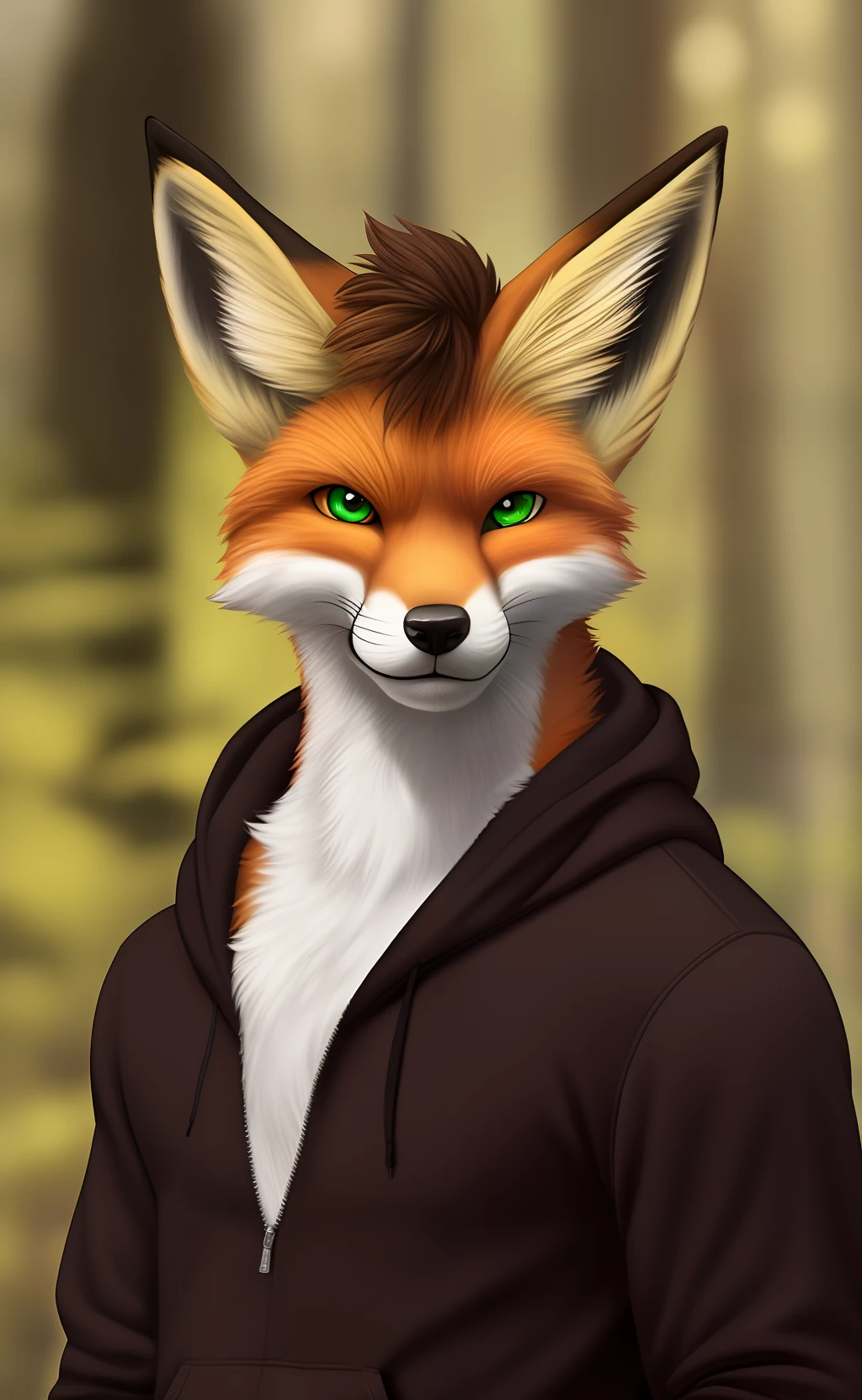 solo focus, solo, anthro, hair, vulpine, mammal, fox, fur, black nose, brown hair, white body, portrait, green eyes, brown fur, male, canis, grey fur, clothed, clothing, casual, hoodie, fox ears