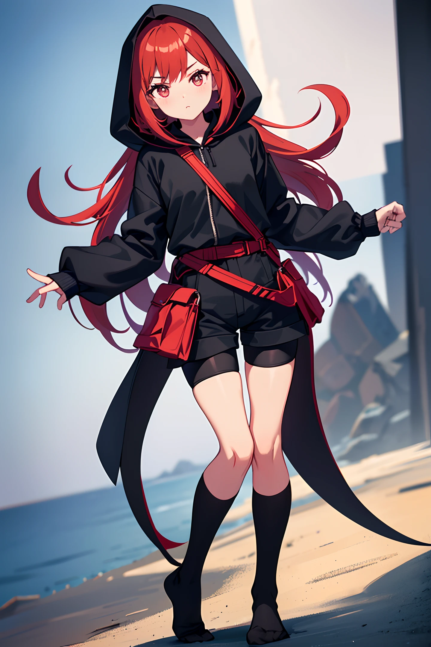 (1 girl), standing, (rope: 1.5), (bondage: 1.5), (arms backwards: 1.3), (legs closed: 1.5), (powerless struggle), (long crimson hair: 1.5), (black hooded jacket), (black shirt), (black shorts), (black shorts), (black tights), (black tight socks), (blush: 2)